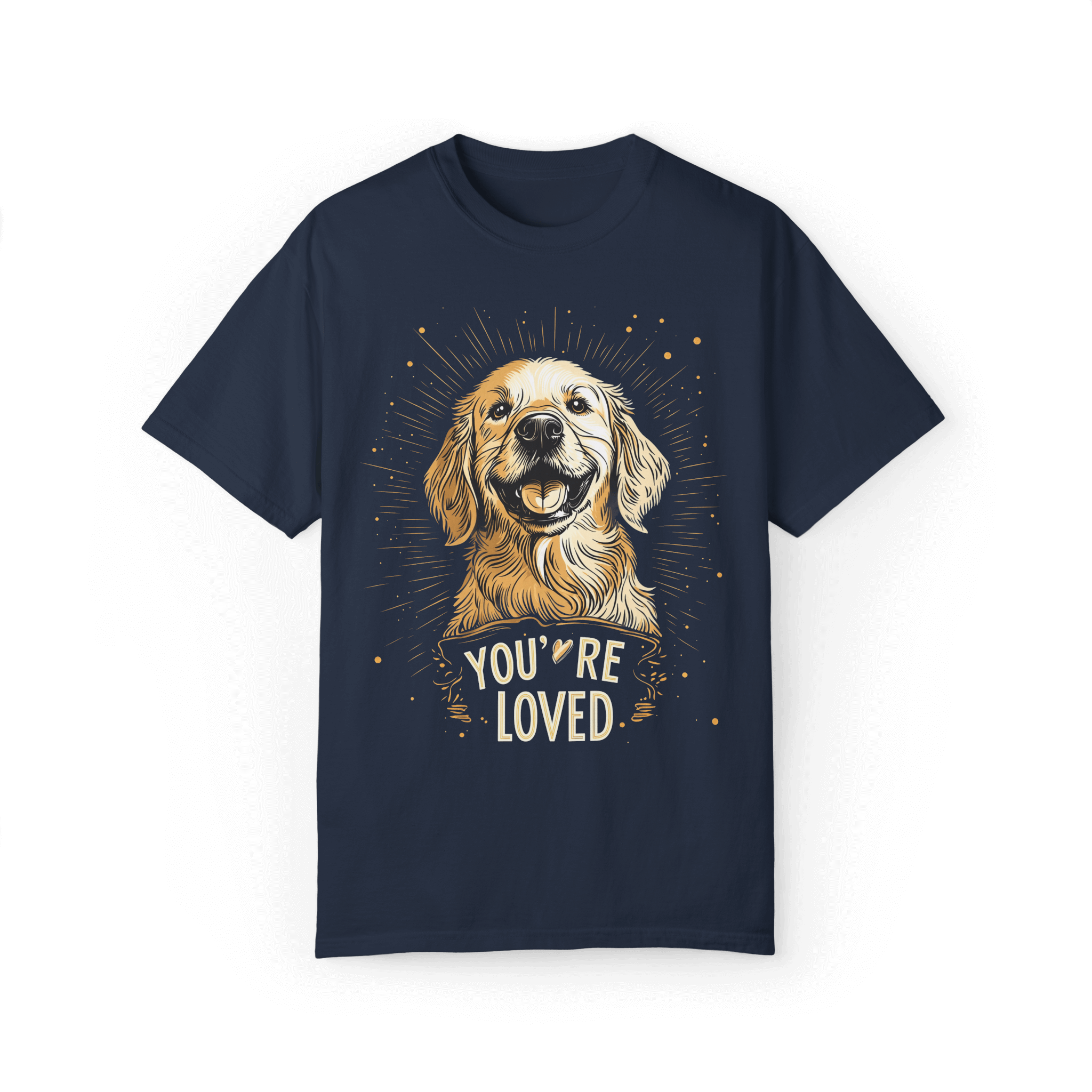 Navy blue T-shirt featuring a smiling Golden Retriever illustration with the text 