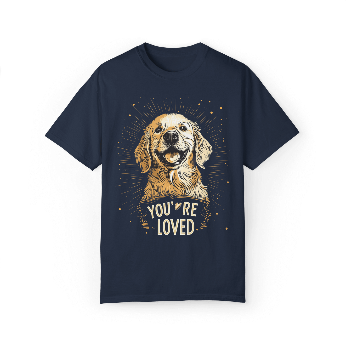 Navy blue T-shirt featuring a smiling Golden Retriever illustration with the text "YOU'RE LOVED."