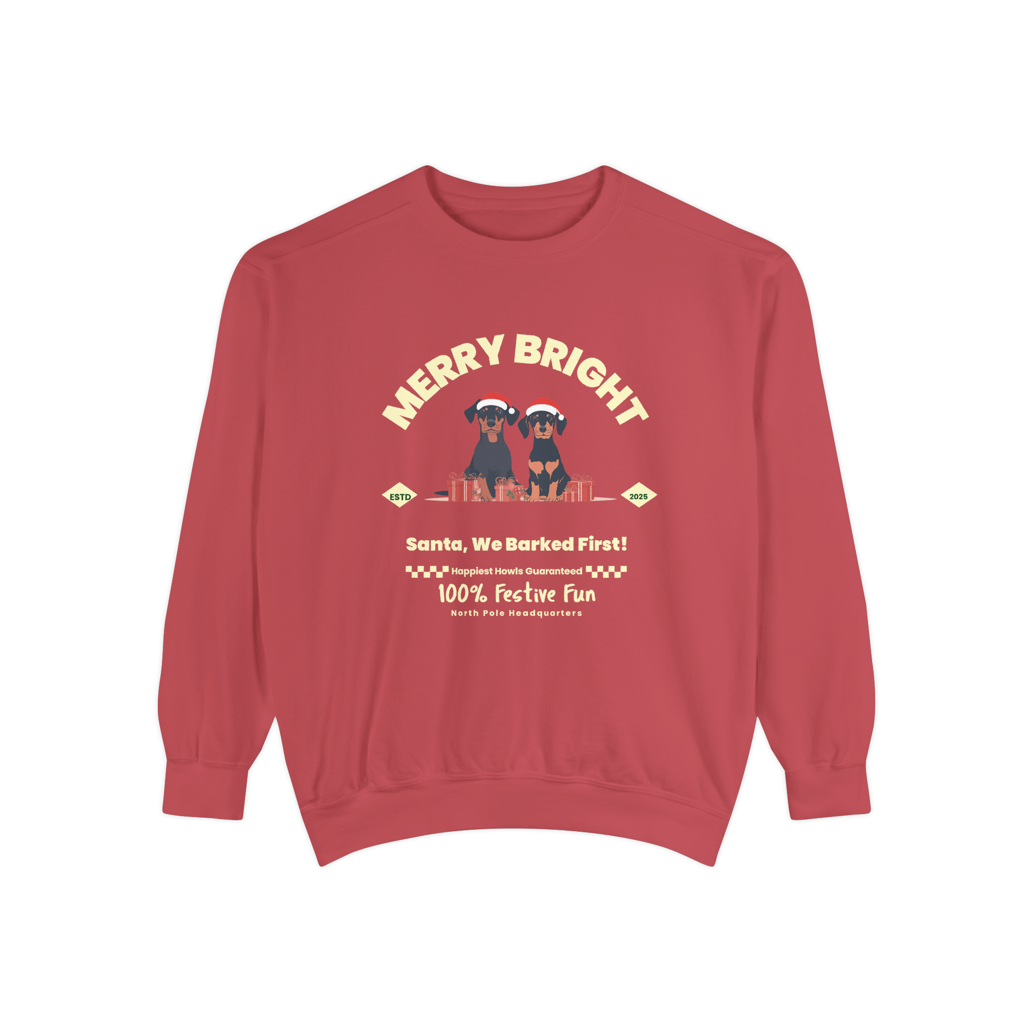 A red Christmas-themed sweatshirt featuring the phrase 