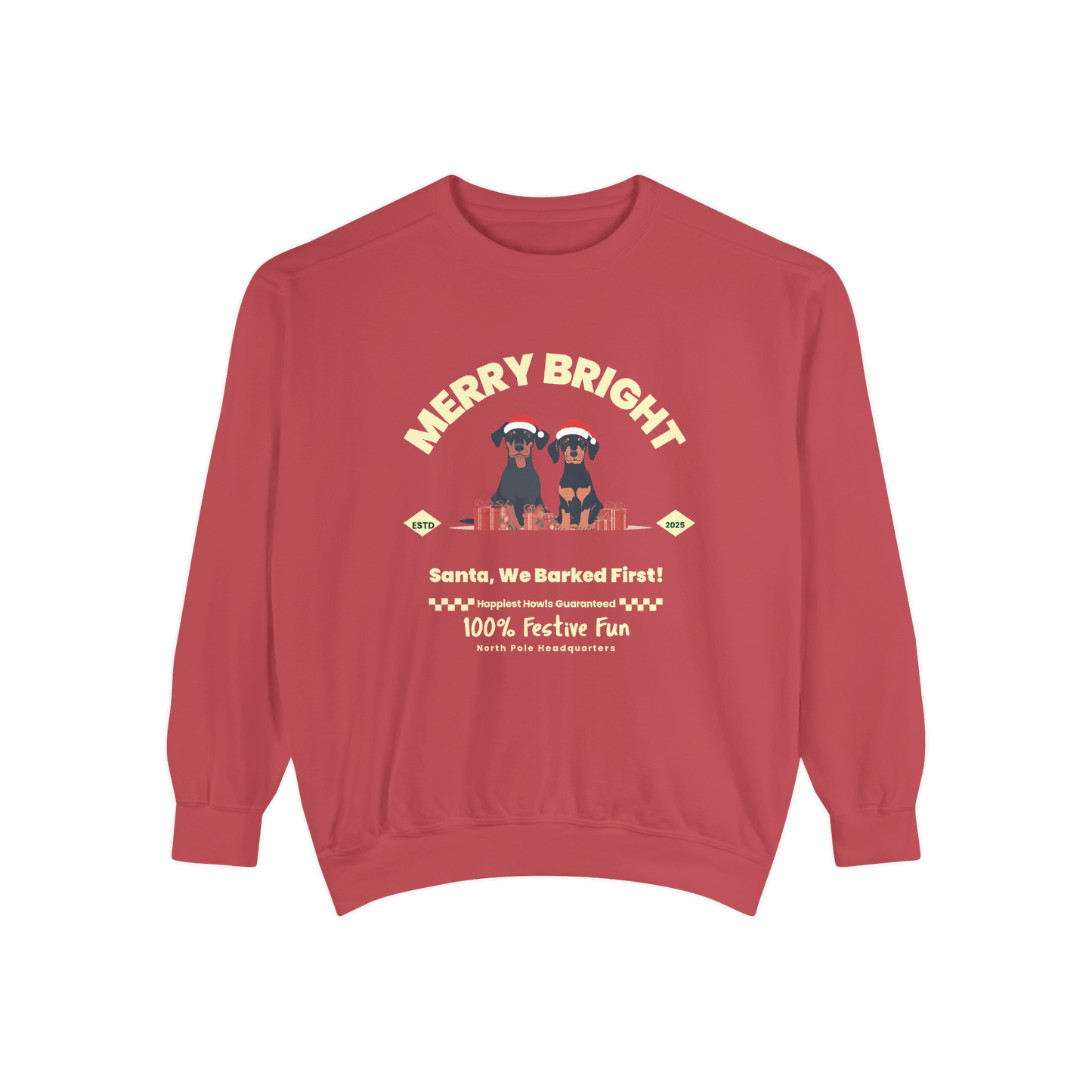 A red Christmas-themed sweatshirt featuring the phrase "Merry Bright" with illustrations of two dogs wearing Santa hats and the text "Santa, We Barked First!" creating a joyful festive atmosphere.