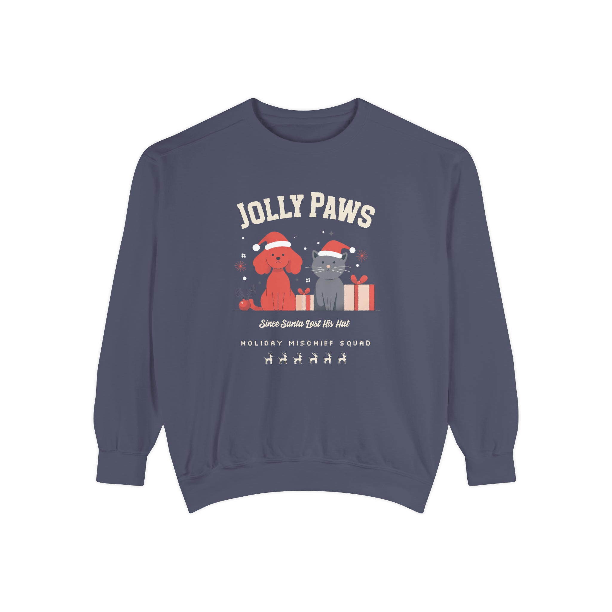 Jolly Paws sweatshirt featuring a dog and cat in Santa hats, ideal for holiday mischief and festive cheer. Relaxed fit, Christmas design.