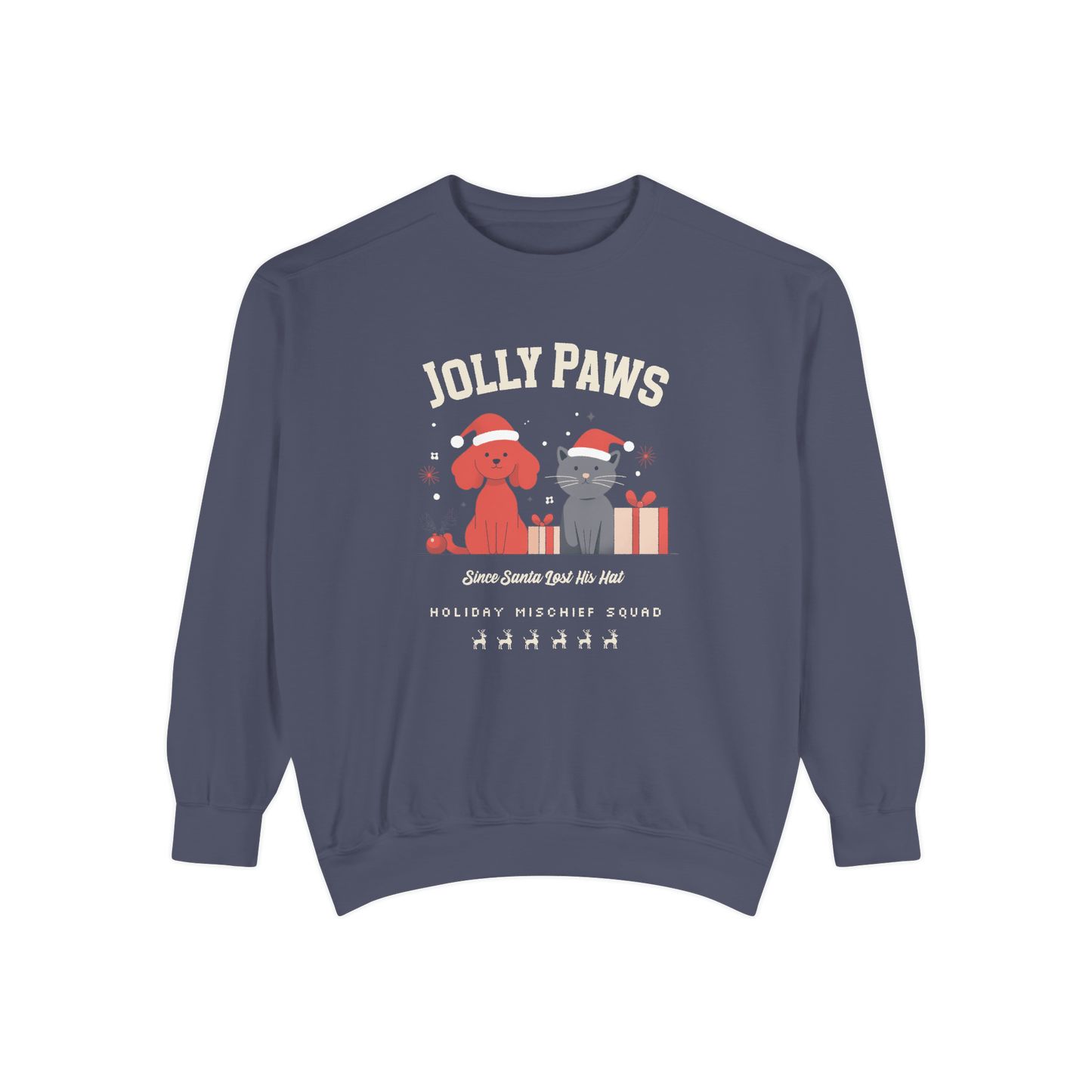 Jolly Paws sweatshirt featuring a dog and cat in Santa hats, ideal for holiday mischief and festive cheer. Relaxed fit, Christmas design.