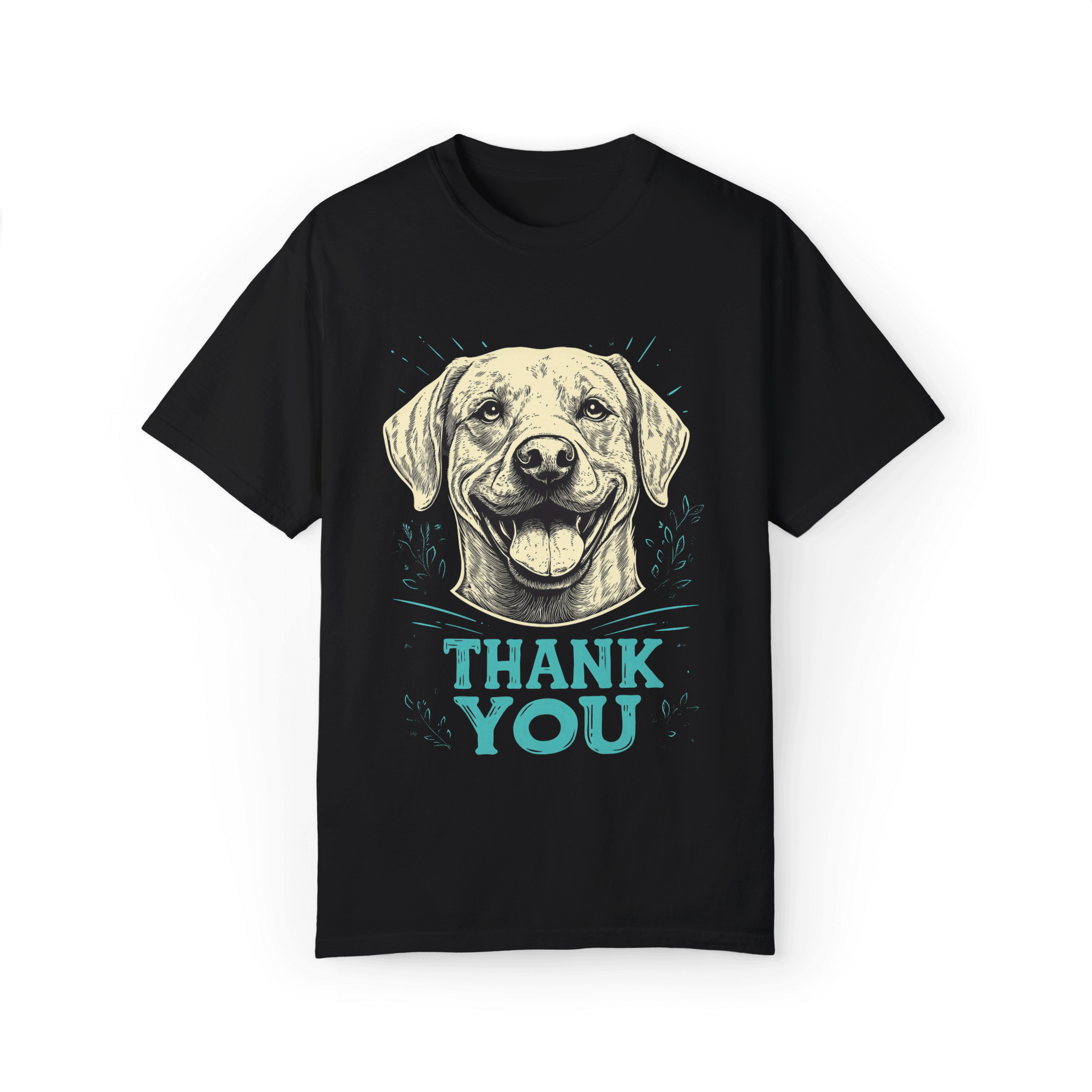 A black T-shirt featuring a smiling dog illustration with the text 