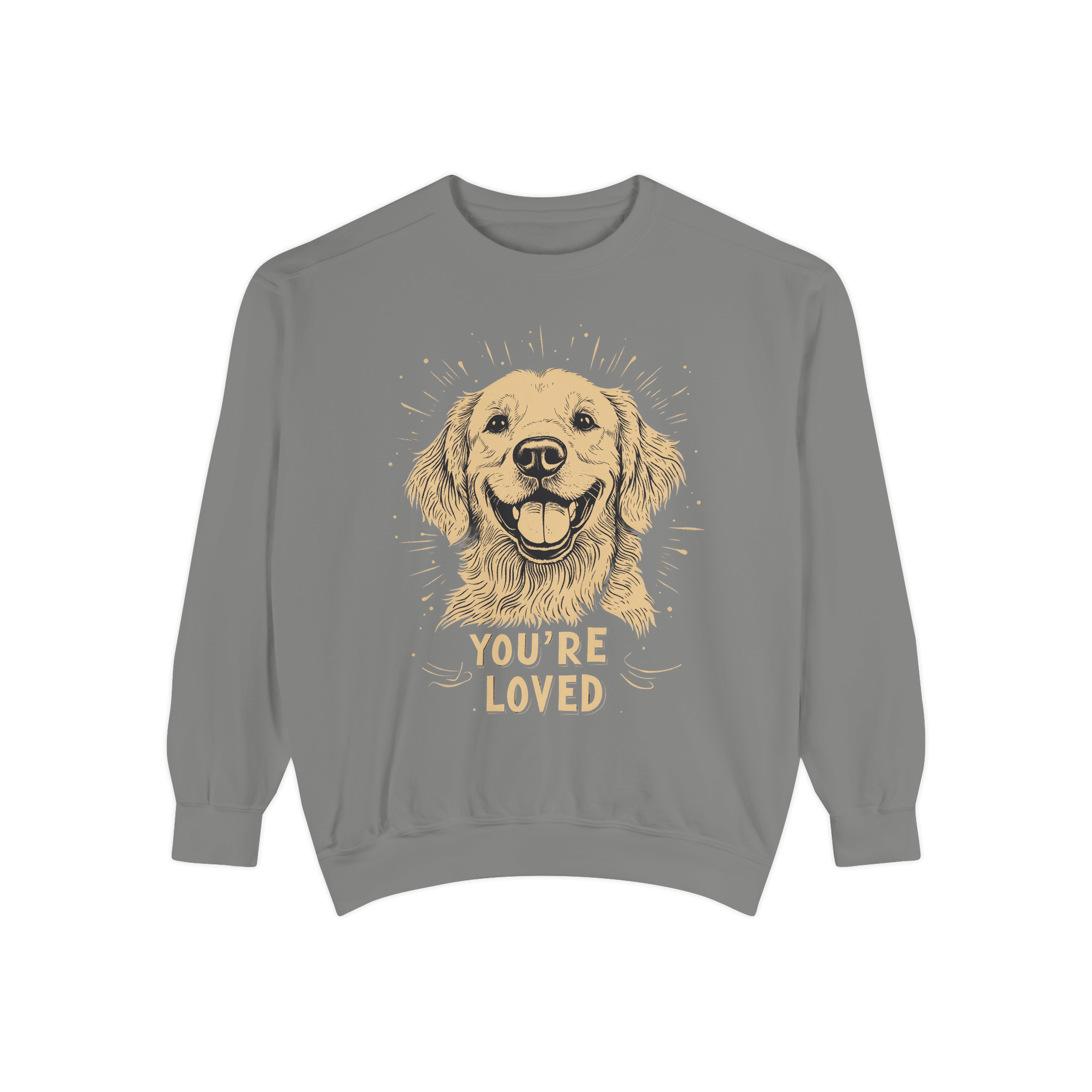 A light gray crewneck sweatshirt featuring a smiling golden retriever illustration and the text 