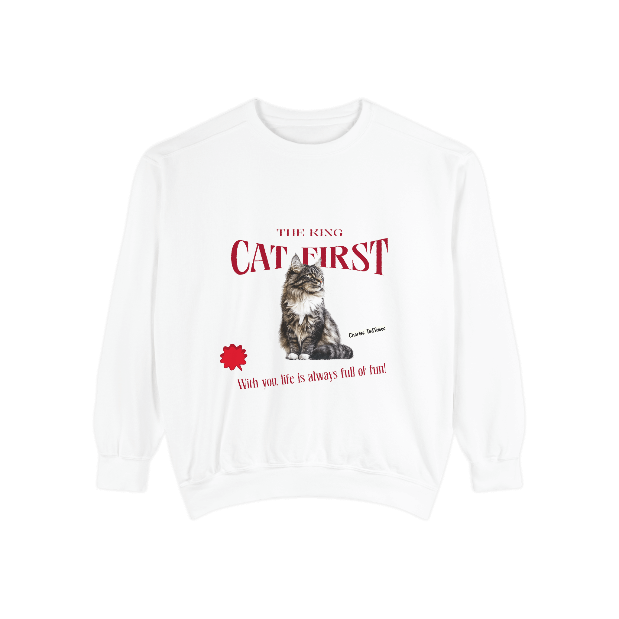 White sweatshirt featuring a Maine Coon cat illustration with the text 