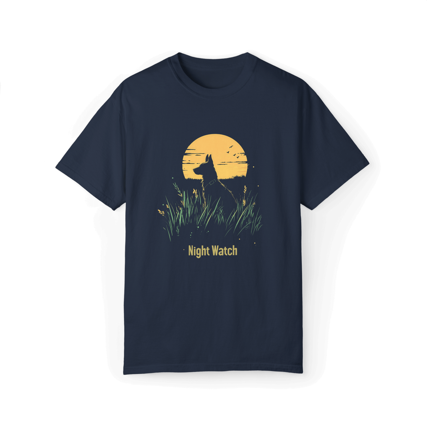 This navy "Night Watch" T-shirt combines a serene dog silhouette with the soft glow of the moon, creating a unique and tranquil aesthetic. Ideal for fans of minimalist designs.