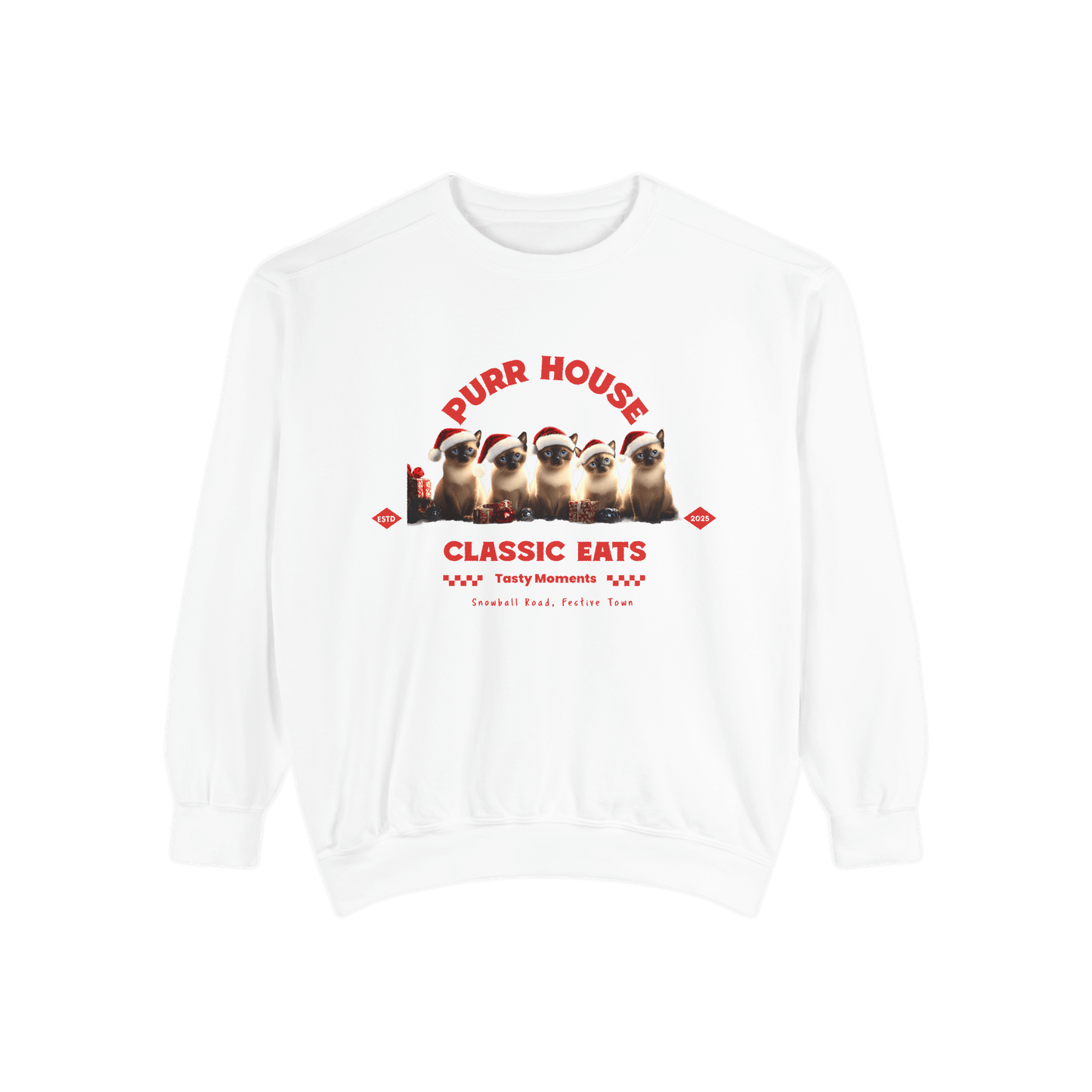 Cozy white sweatshirt featuring festive Siamese cats with "Purr House Classic Eats" design for holiday cheer.