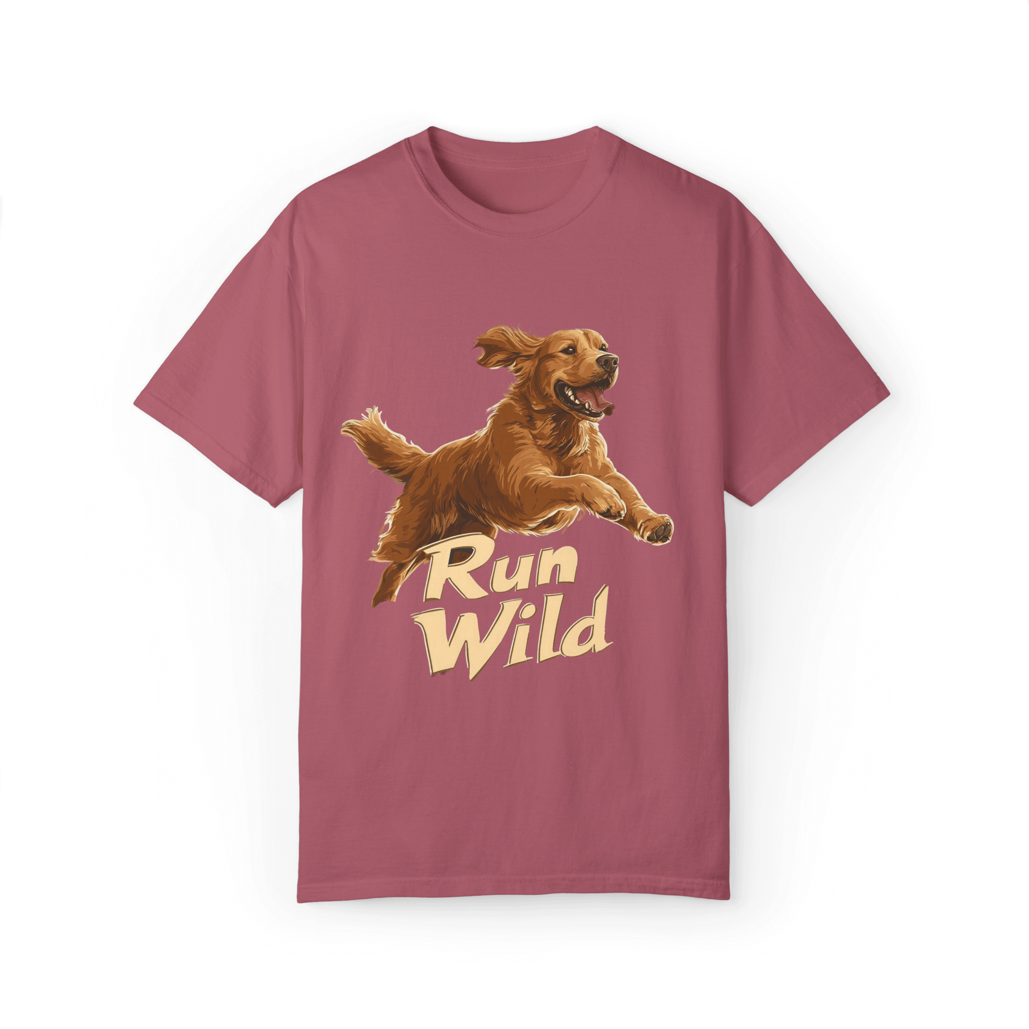 A rose-pink T-shirt featuring a running Golden Retriever and the text 