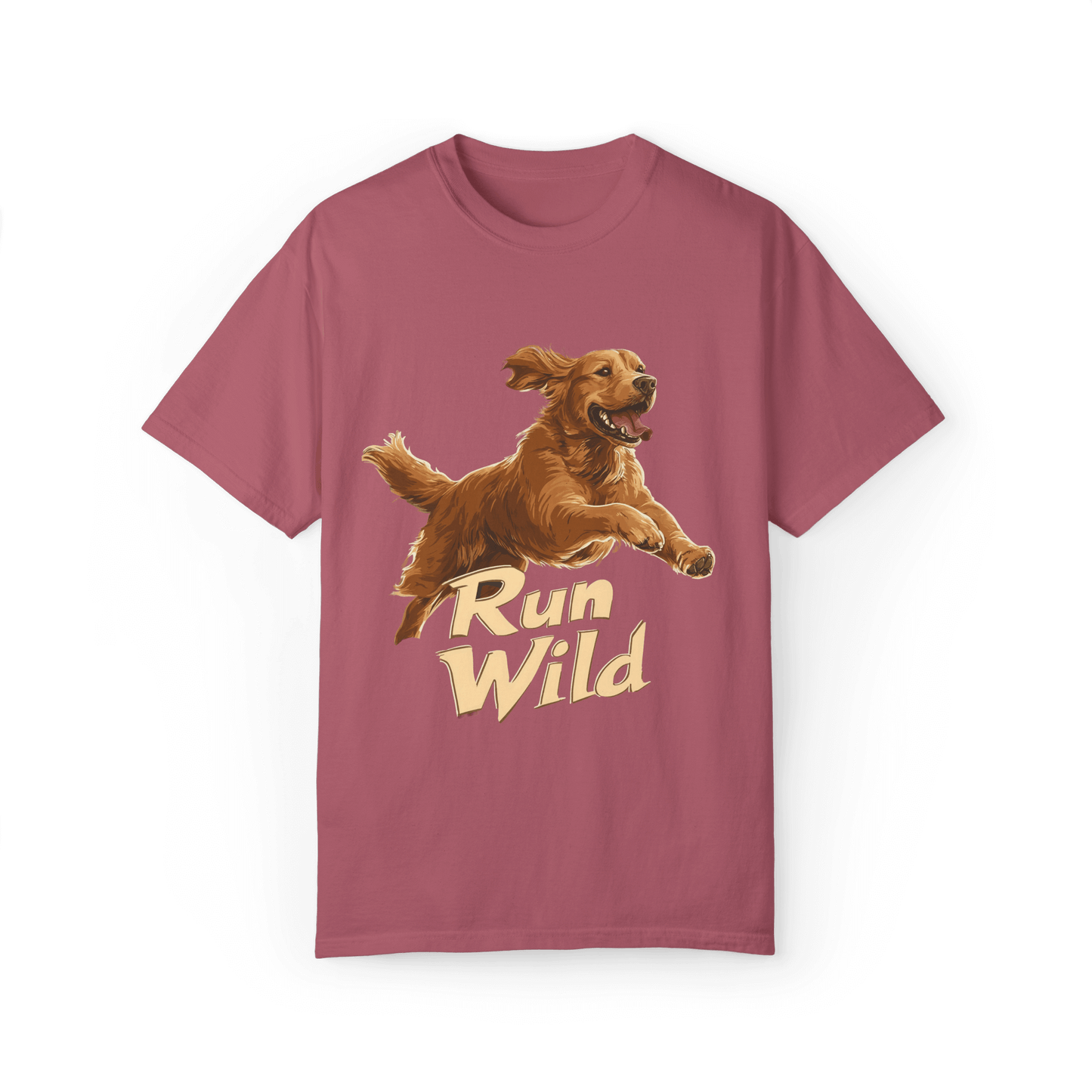 A rose-pink T-shirt featuring a running Golden Retriever and the text "Run Wild," symbolizing energy and the spirit of freedom.