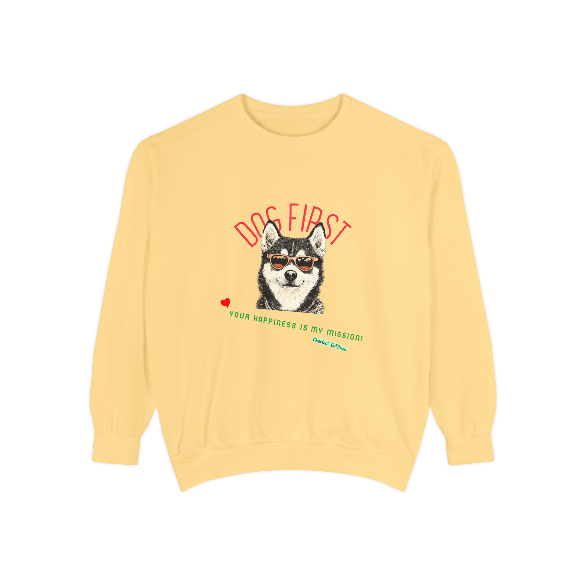 Light yellow crewneck sweatshirt featuring an illustration of a Husky wearing sunglasses, with the text 