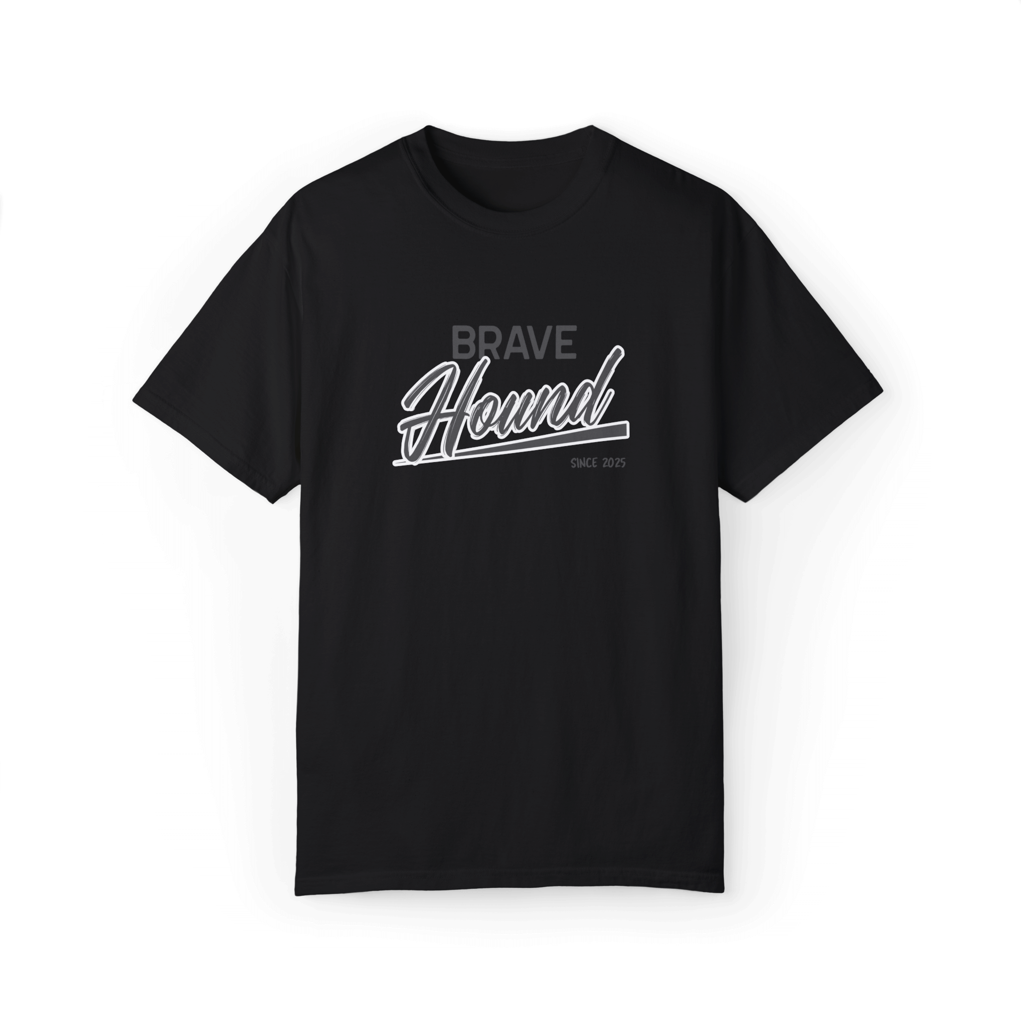 A black T-shirt featuring the 'Brave Hound' logo in bold and stylish typography, ideal for trendy casual outfits.