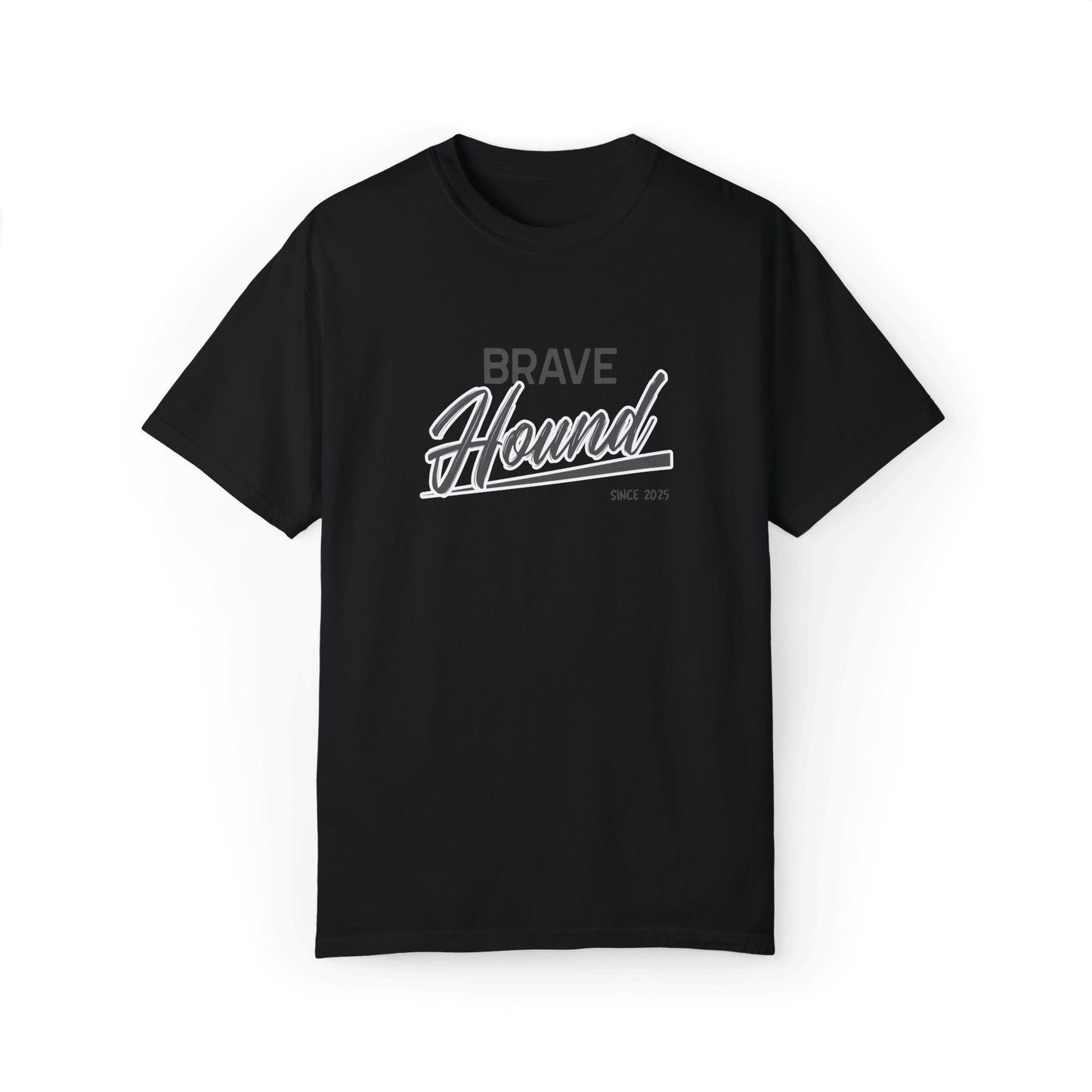 A black T-shirt featuring the 'Brave Hound' logo in bold and stylish typography, ideal for trendy casual outfits.