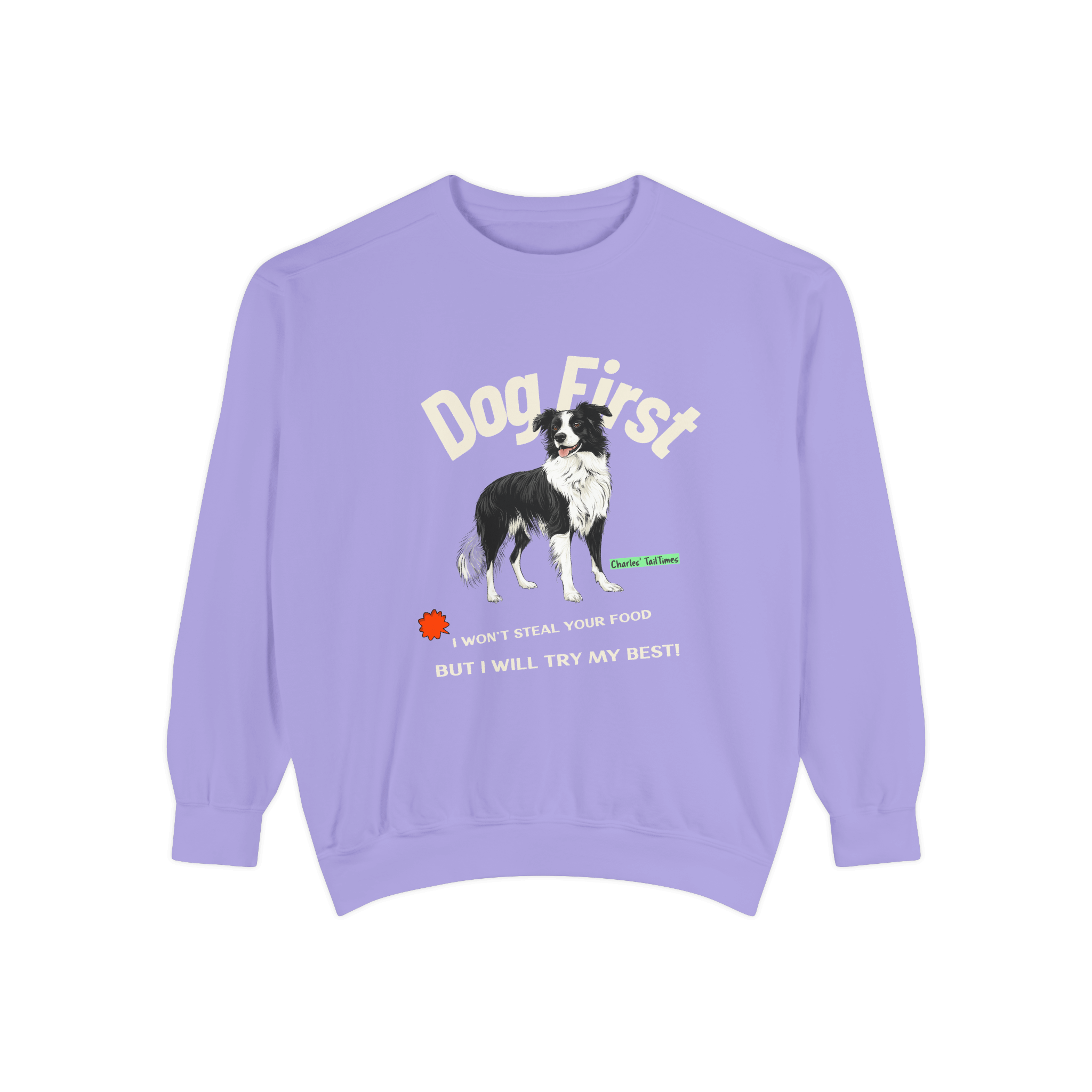 Purple crewneck sweatshirt featuring the text 