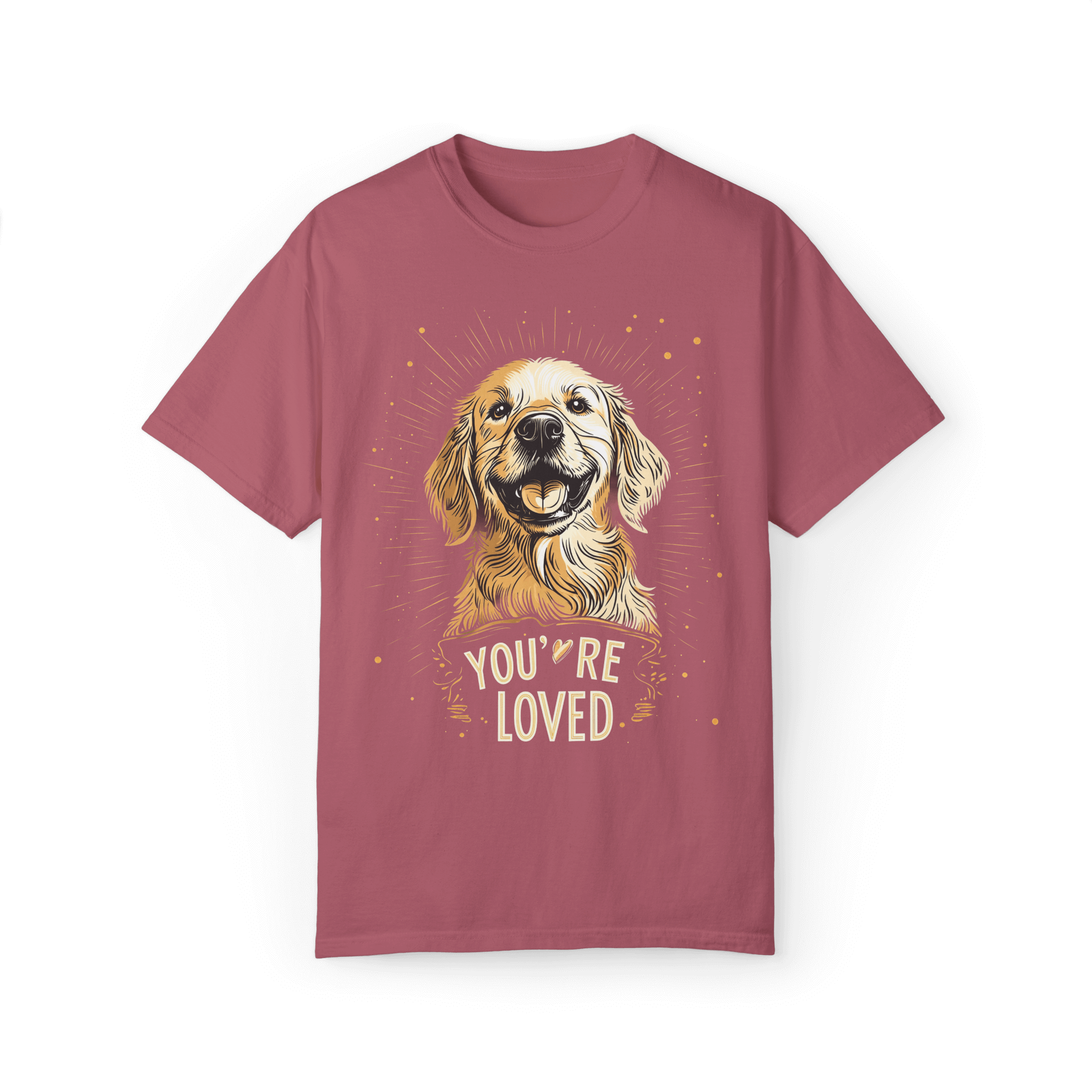 Pink T-shirt featuring a smiling Golden Retriever illustration with the text 