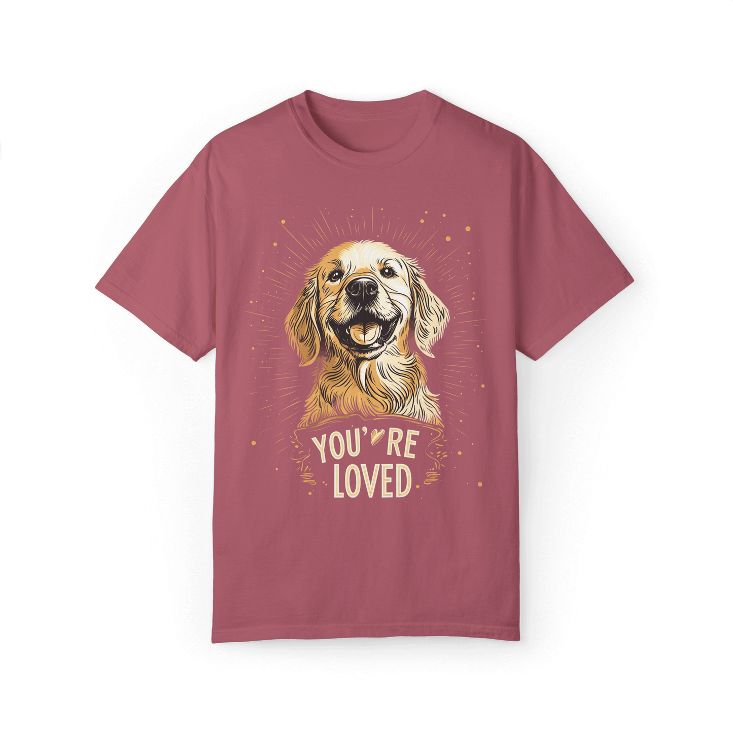 Pink T-shirt featuring a smiling Golden Retriever illustration with the text "YOU'RE LOVED."