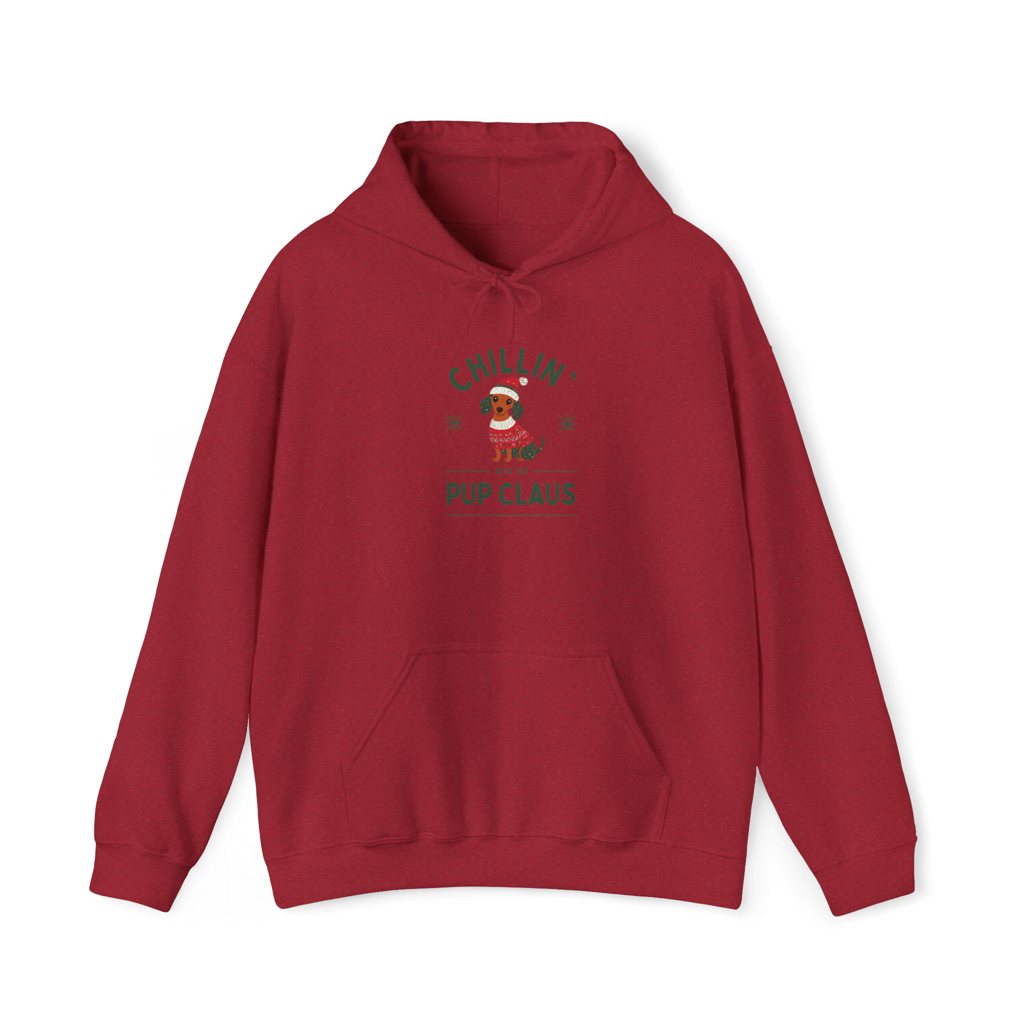 Cozy red hoodie featuring 'Chillin' with Pup Claus' design, perfect for festive holiday wear and relaxed fit comfort.