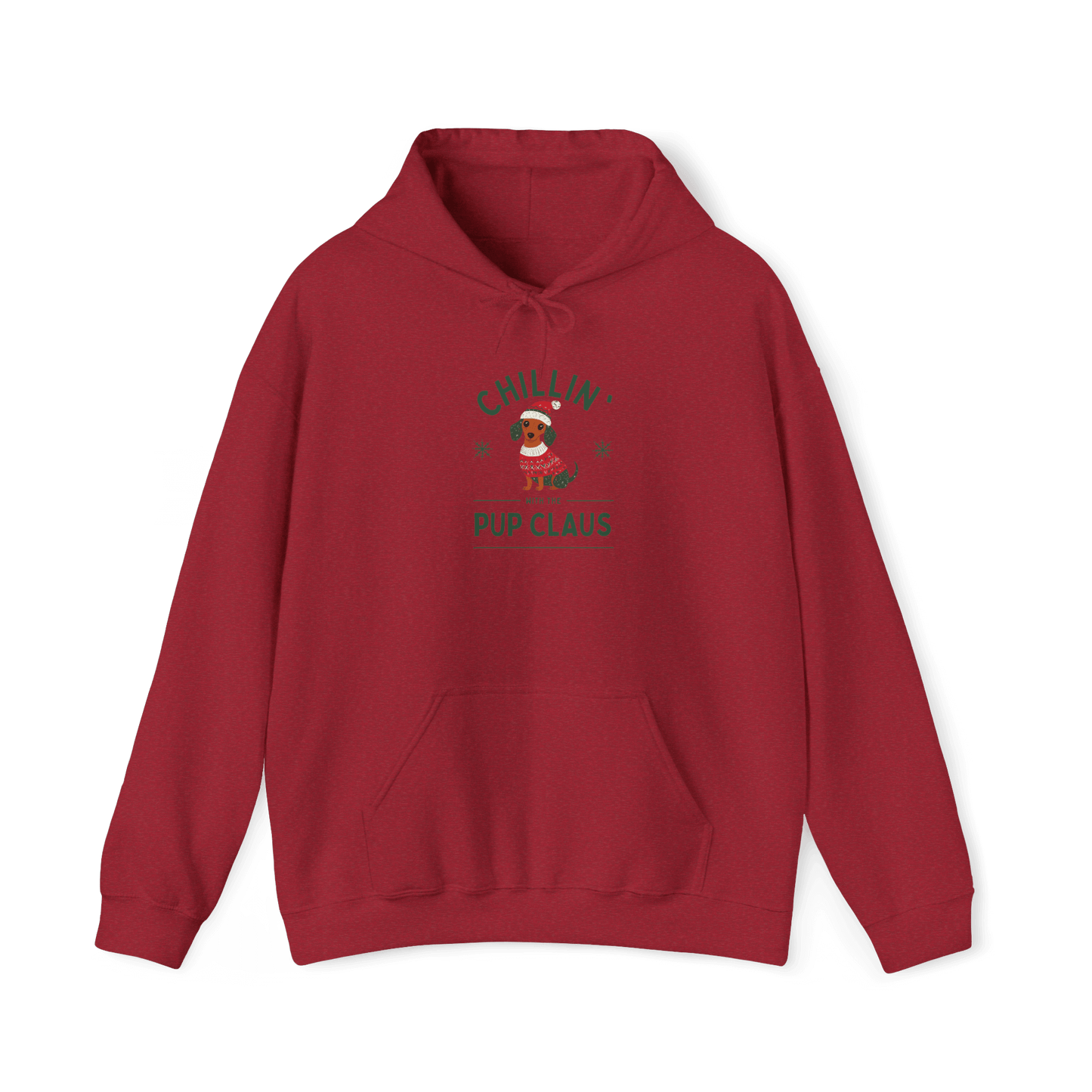 Cozy red hoodie featuring 'Chillin' with Pup Claus' design, perfect for festive holiday wear and relaxed fit comfort.