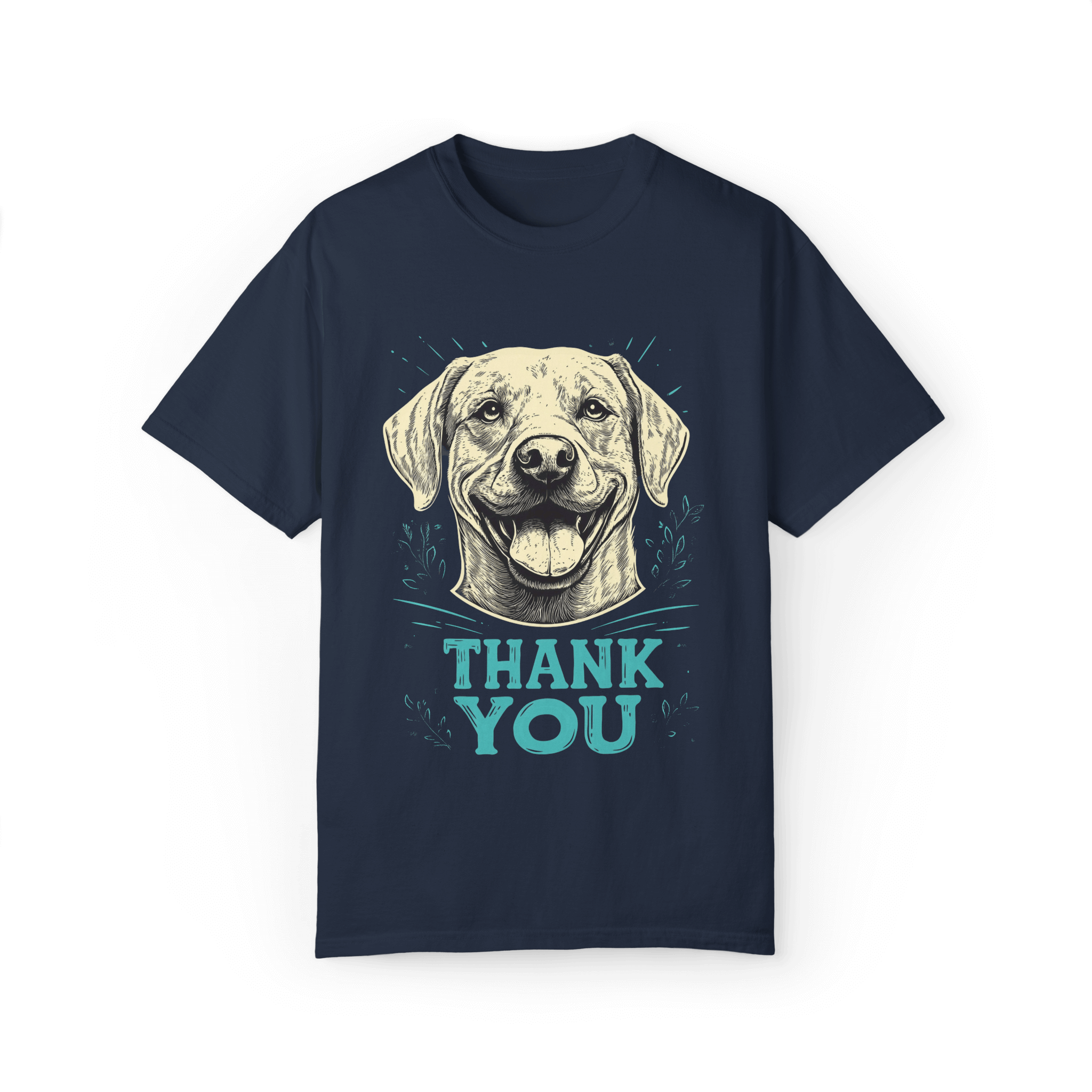 A navy-blue T-shirt featuring a smiling dog illustration with the text 