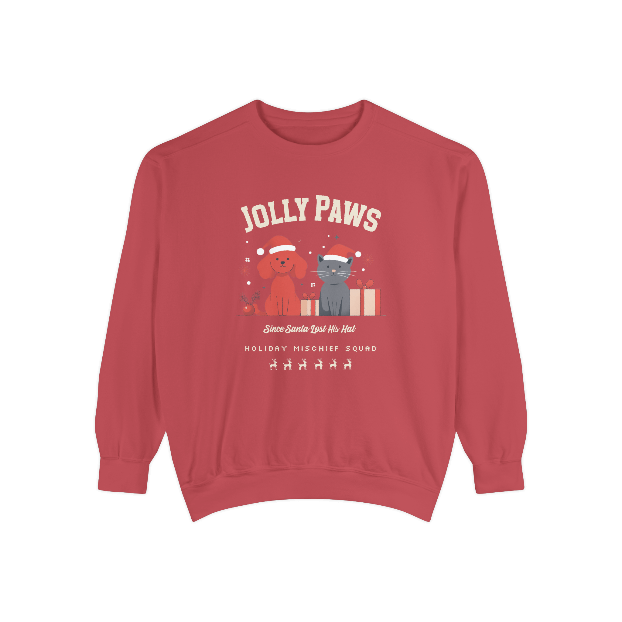 Jolly Paws sweatshirt with playful dog design, featuring festive colors and holiday gifts for Christmas cheer.