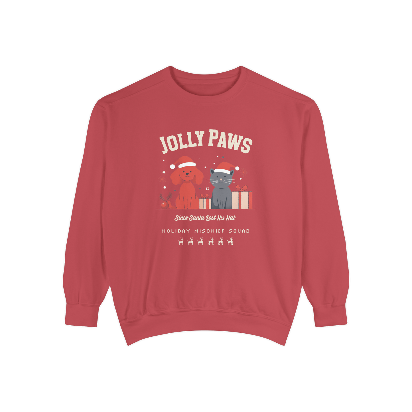 Jolly Paws sweatshirt with playful dog design, featuring festive colors and holiday gifts for Christmas cheer.