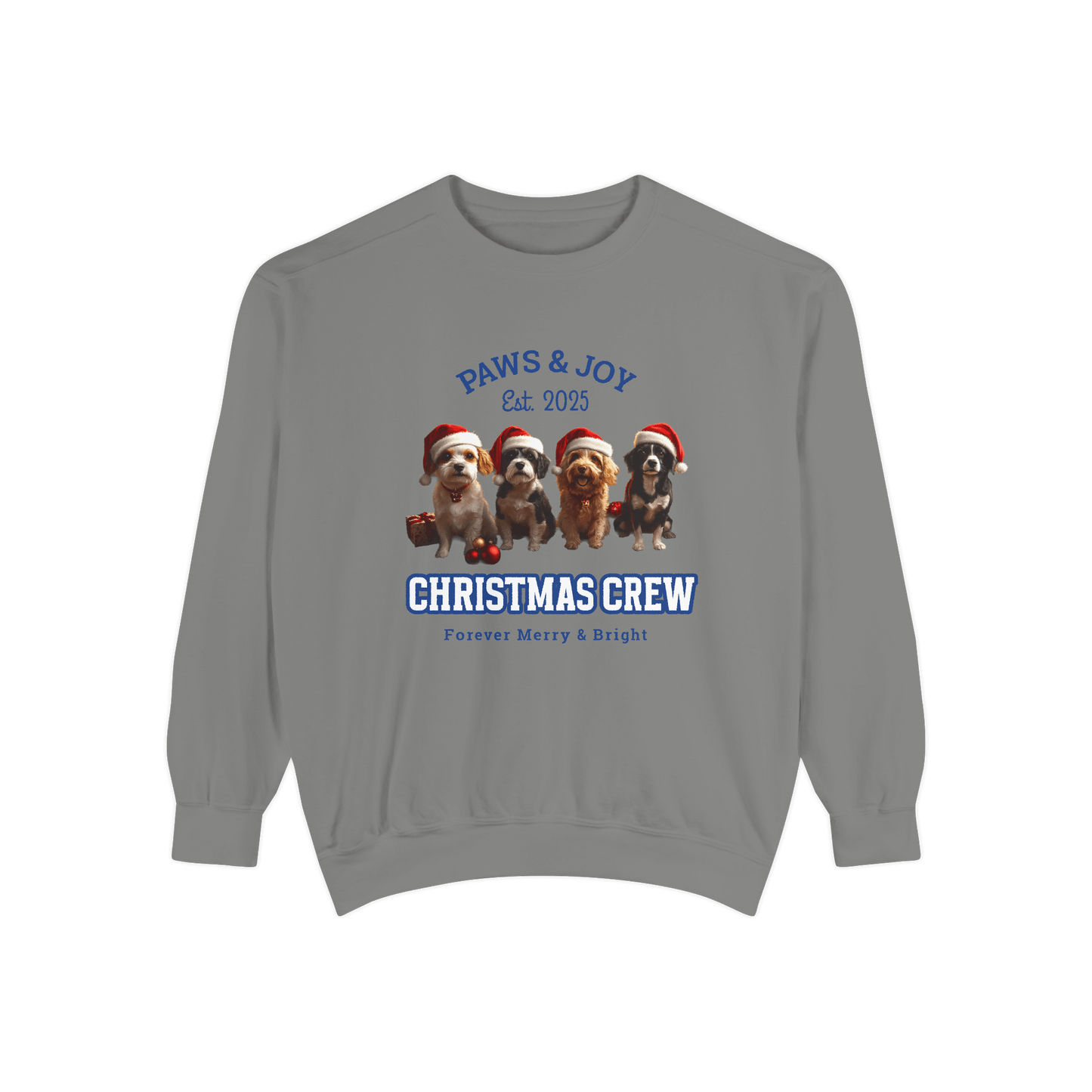 Gray Christmas-themed sweatshirt featuring "Christmas Crew" text and illustrations of four dogs wearing Santa hats, exuding a festive vibe.