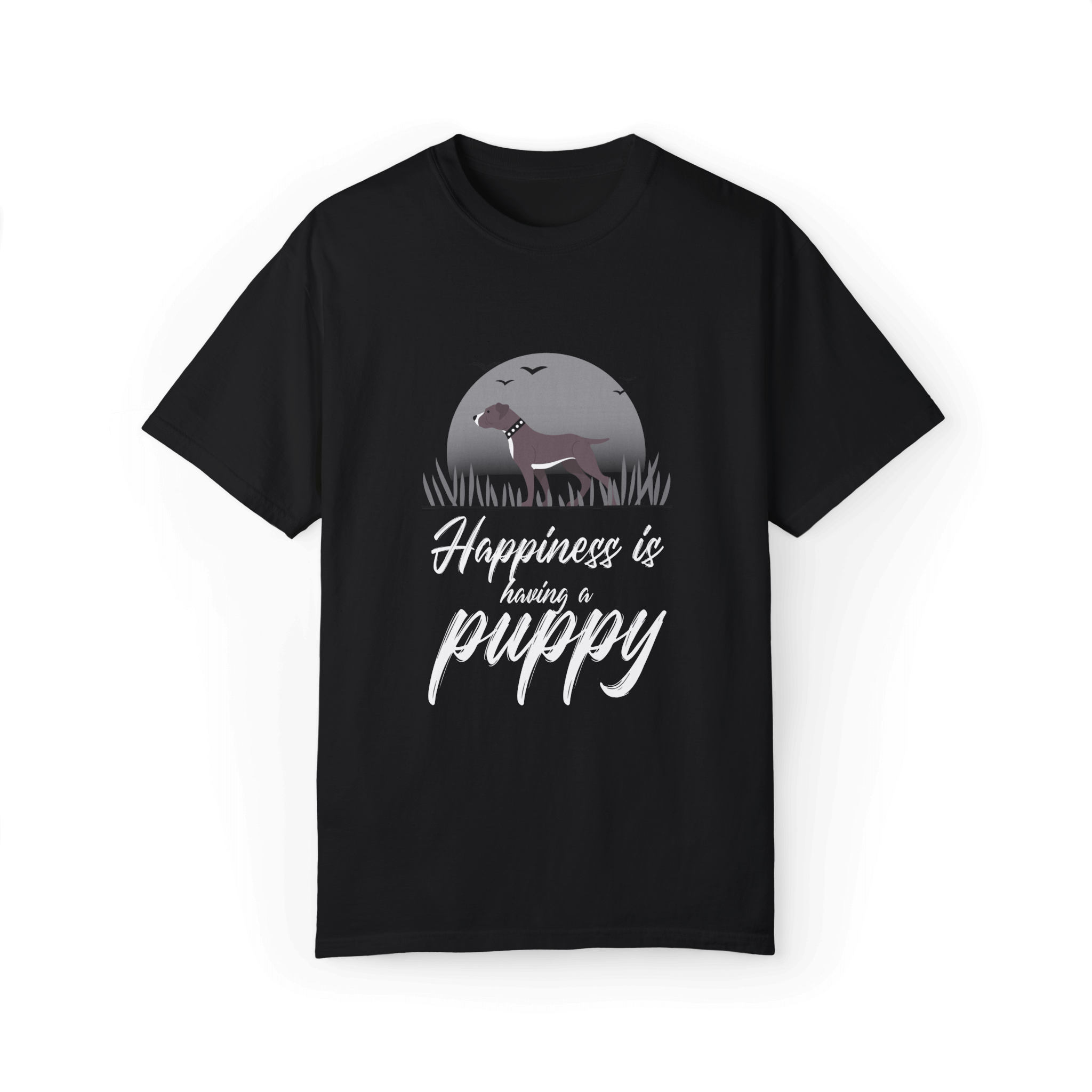 Black T-shirt with a Pitbull puppy design under a gray moonlit background, featuring white text 'Happiness is having a puppy,' perfect for dog lovers.