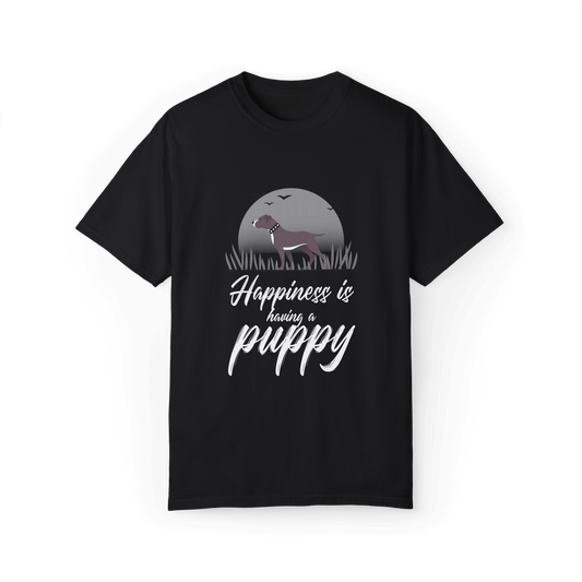 Black T-shirt with a Pitbull puppy design under a gray moonlit background, featuring white text 'Happiness is having a puppy,' perfect for dog lovers.