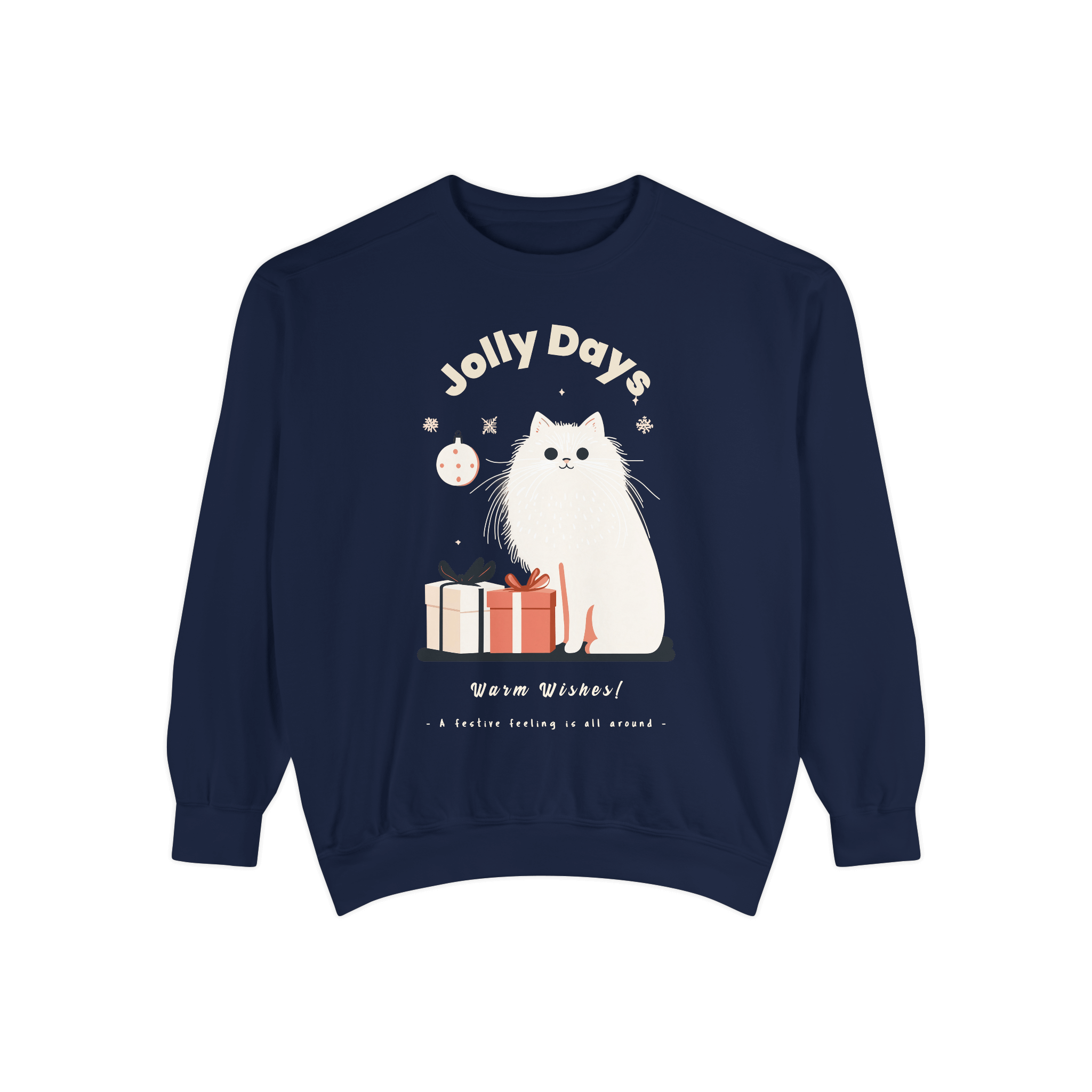 Navy blue Christmas-themed sweatshirt featuring the phrase 