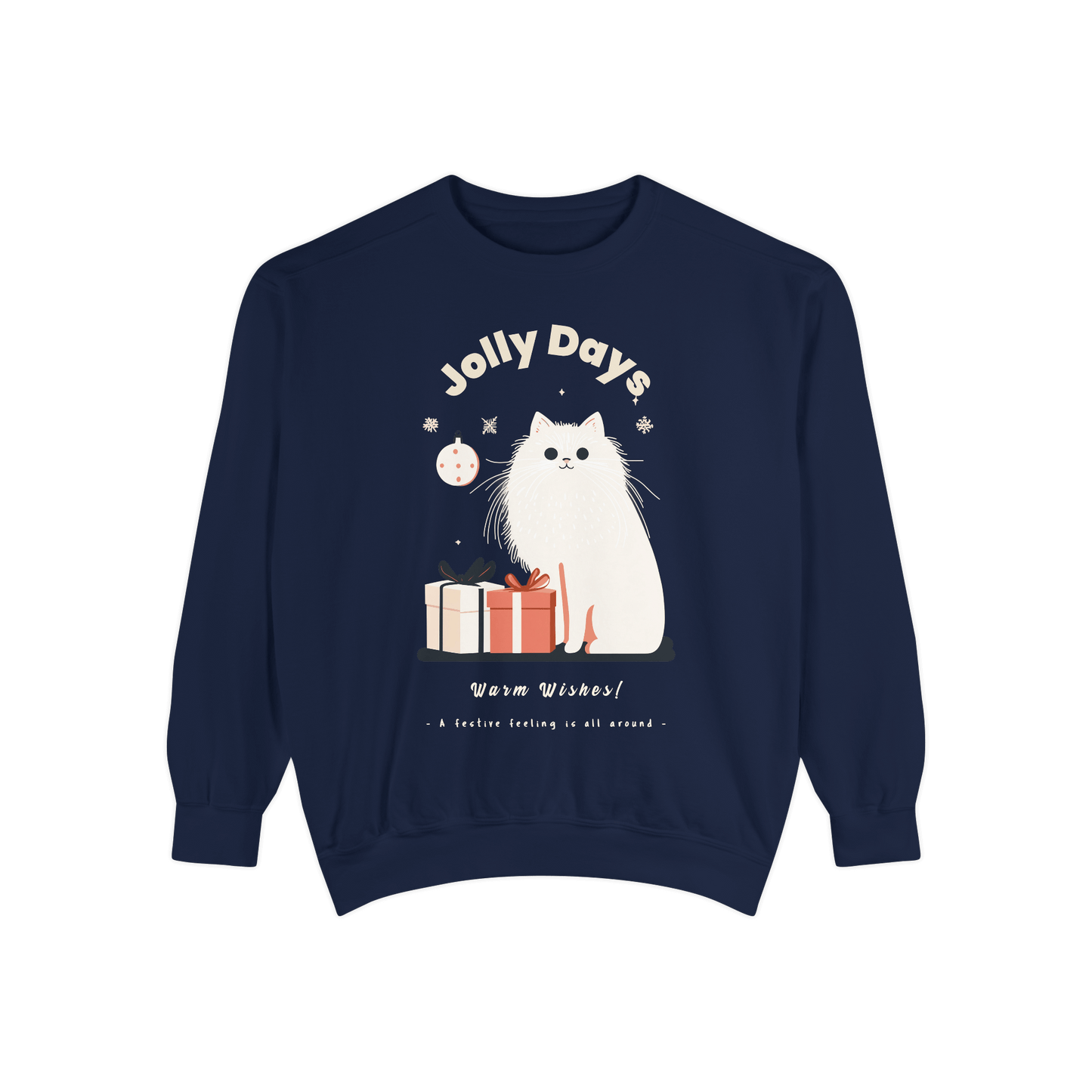 Navy blue Christmas-themed sweatshirt featuring the phrase "Jolly Days" with a white cat illustration, gift boxes, and the text "Warm Wishes!" creating a cozy holiday atmosphere.