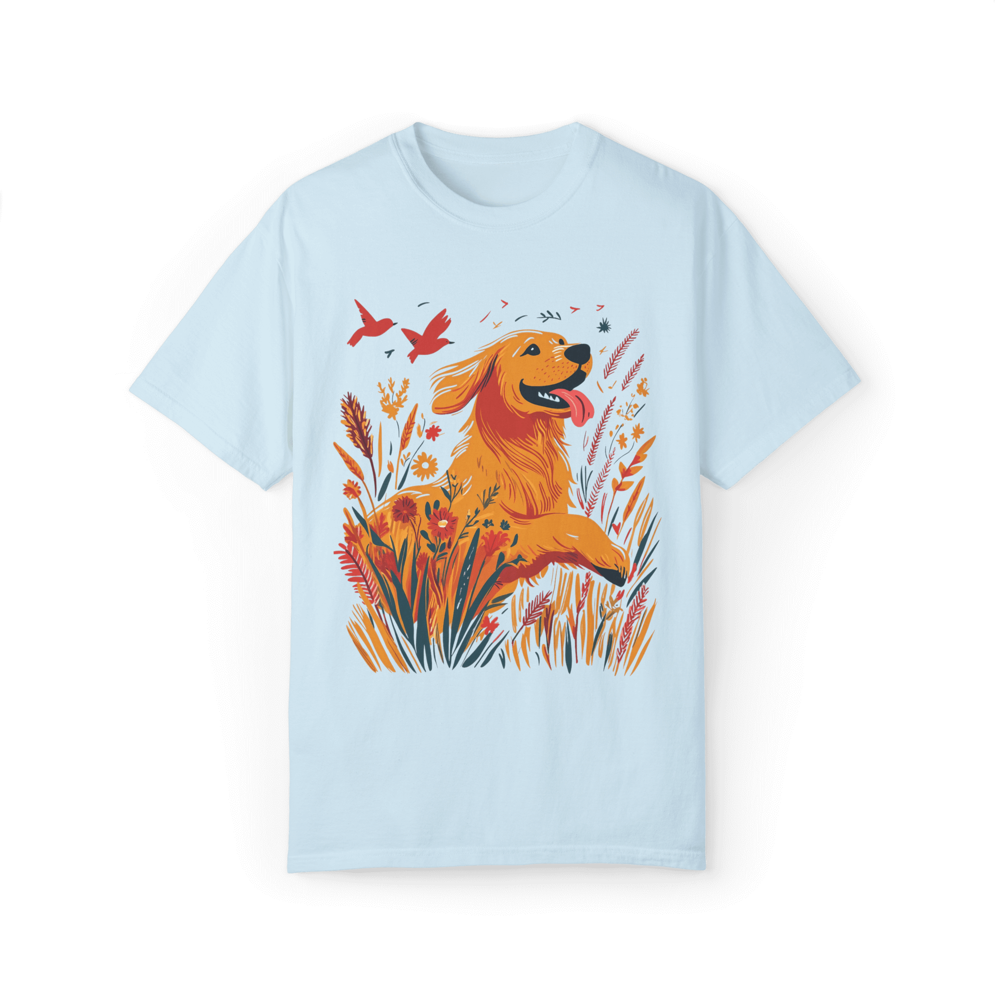 A sky-blue T-shirt featuring a vibrant illustration of a golden retriever joyfully running through a field of blooming wildflowers, accompanied by two red birds soaring in the sky, evoking a cheerful sense of nature and freedom.