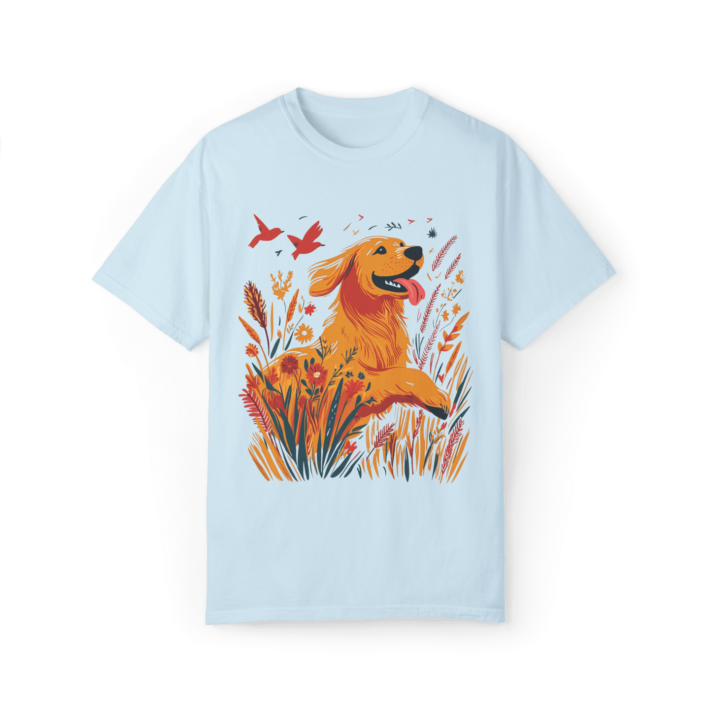 A sky-blue T-shirt featuring a vibrant illustration of a golden retriever joyfully running through a field of blooming wildflowers, accompanied by two red birds soaring in the sky, evoking a cheerful sense of nature and freedom.