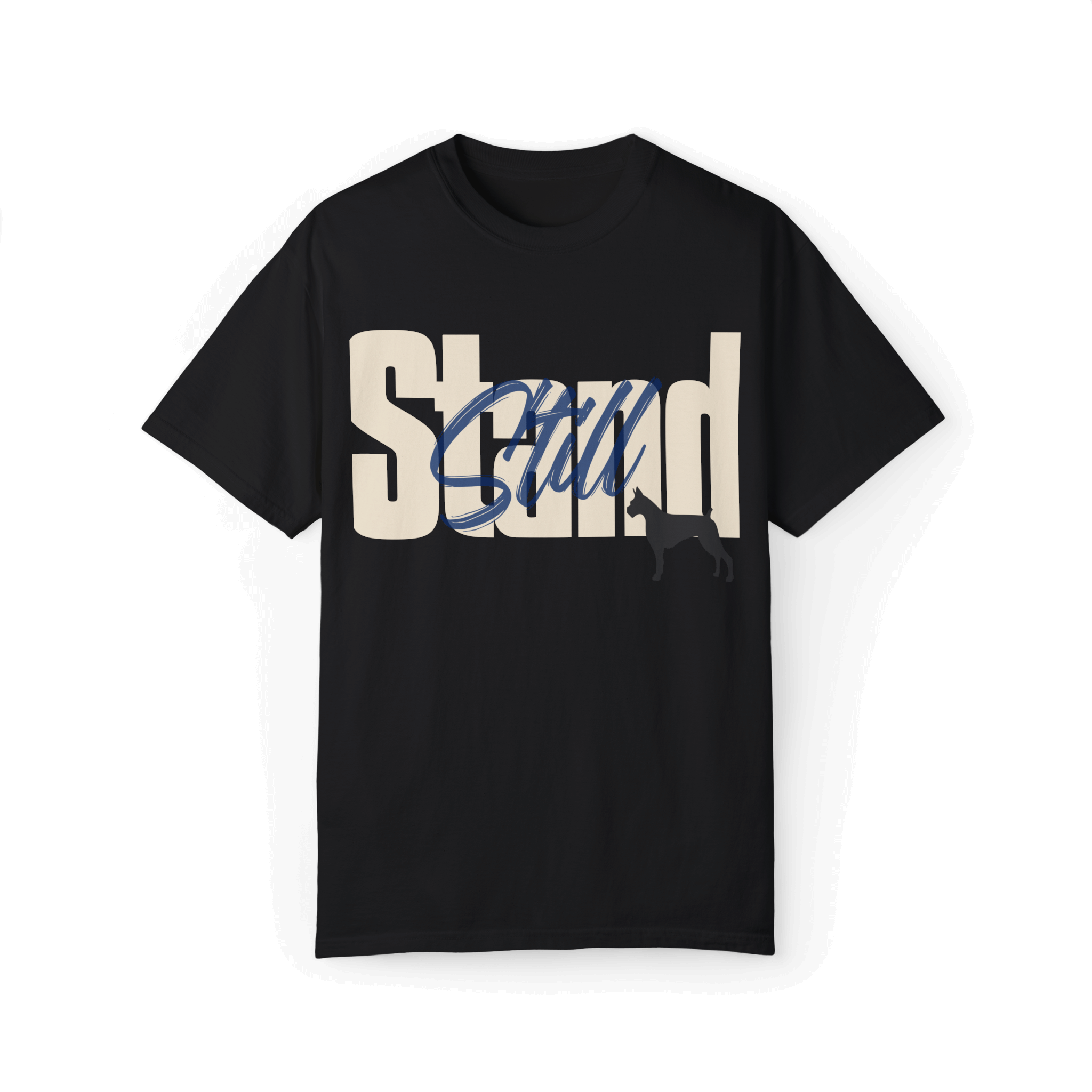 A rugged T-shirt design featuring bold typography that reads 'Stand Still' in white and blue, complemented by a black dog silhouette. Perfect for motorcycle enthusiasts and those who embrace bold, minimalist fashion.