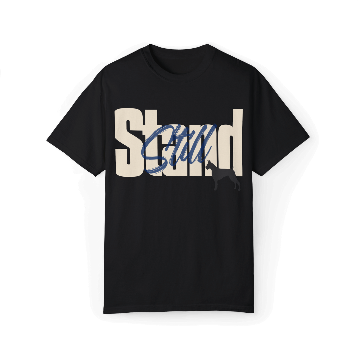 A rugged T-shirt design featuring bold typography that reads 'Stand Still' in white and blue, complemented by a black dog silhouette. Perfect for motorcycle enthusiasts and those who embrace bold, minimalist fashion.