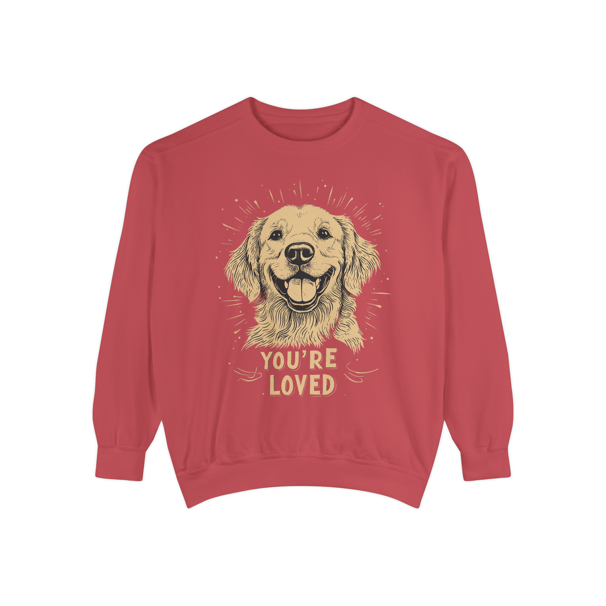 A light red crewneck sweatshirt featuring a smiling golden retriever illustration and the text 