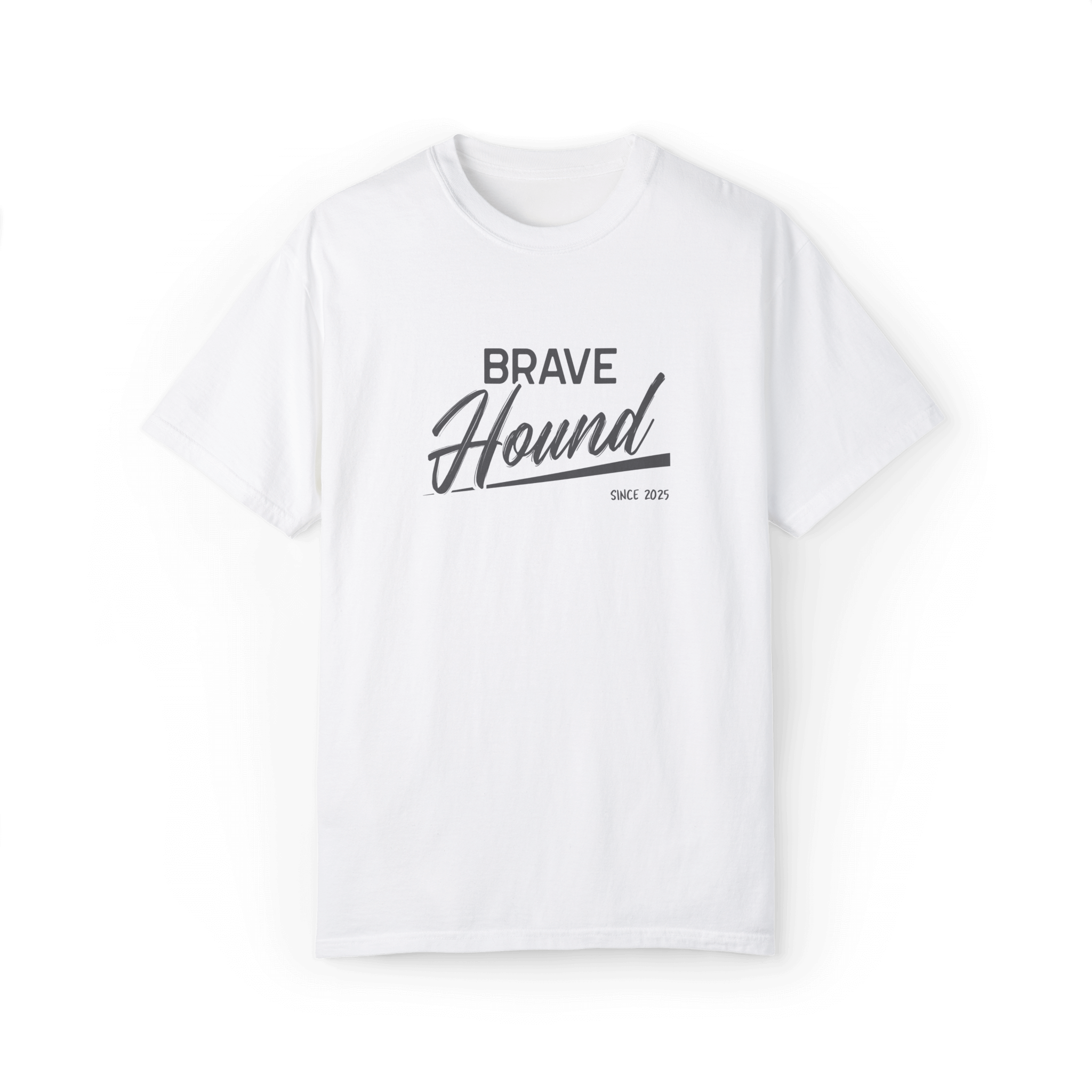 A white T-shirt featuring the 'Brave Hound' logo in bold and stylish typography, ideal for trendy casual outfits.