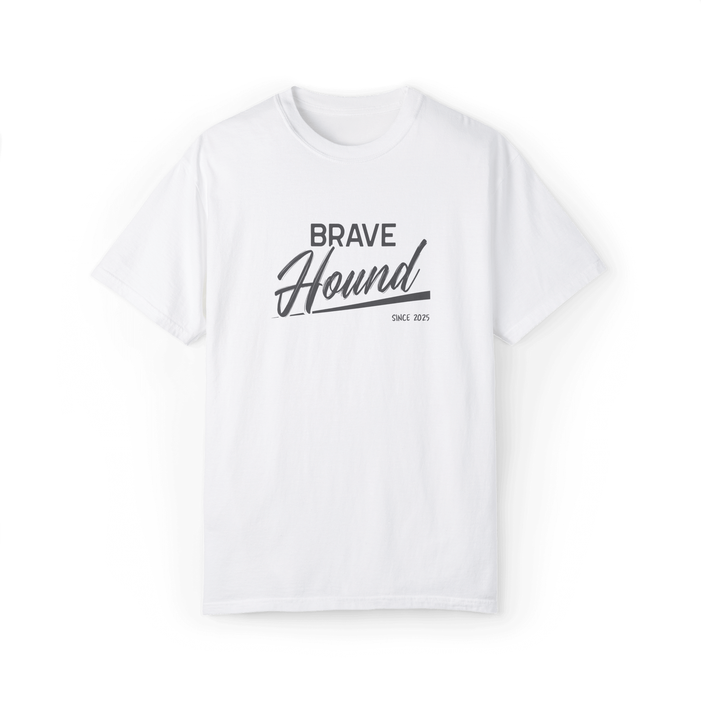 A white T-shirt featuring the 'Brave Hound' logo in bold and stylish typography, ideal for trendy casual outfits.