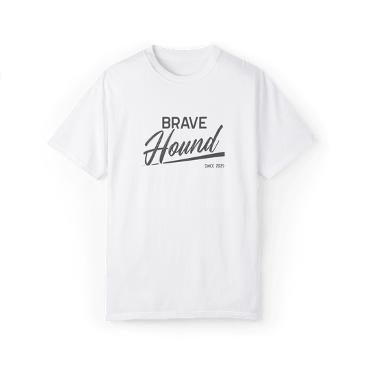 A white T-shirt featuring the 'Brave Hound' logo in bold and stylish typography, ideal for trendy casual outfits.