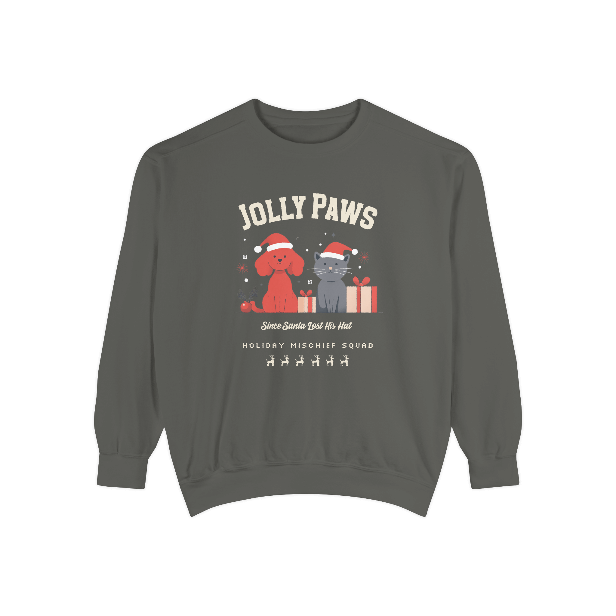 Sweatshirt featuring a playful poodle and cat in Christmas hats, ideal for pet lovers celebrating the holidays.