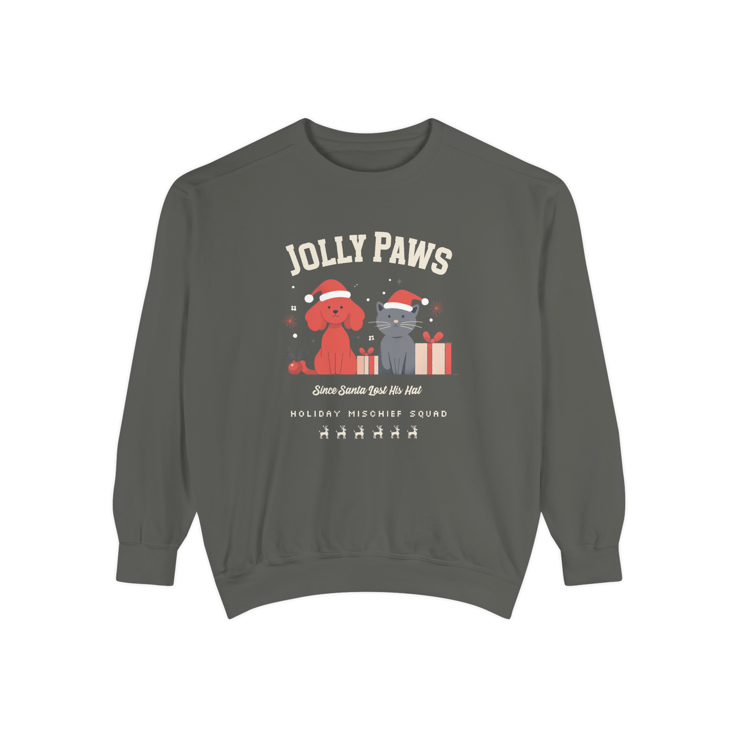 Sweatshirt featuring a playful poodle and cat in Christmas hats, ideal for pet lovers celebrating the holidays.