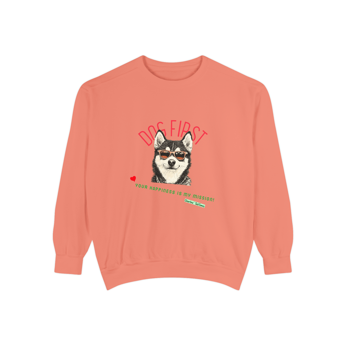 Orange-red "Dog First" illustration sweatshirt featuring a Husky design with sunglasses, set against a solid black background.