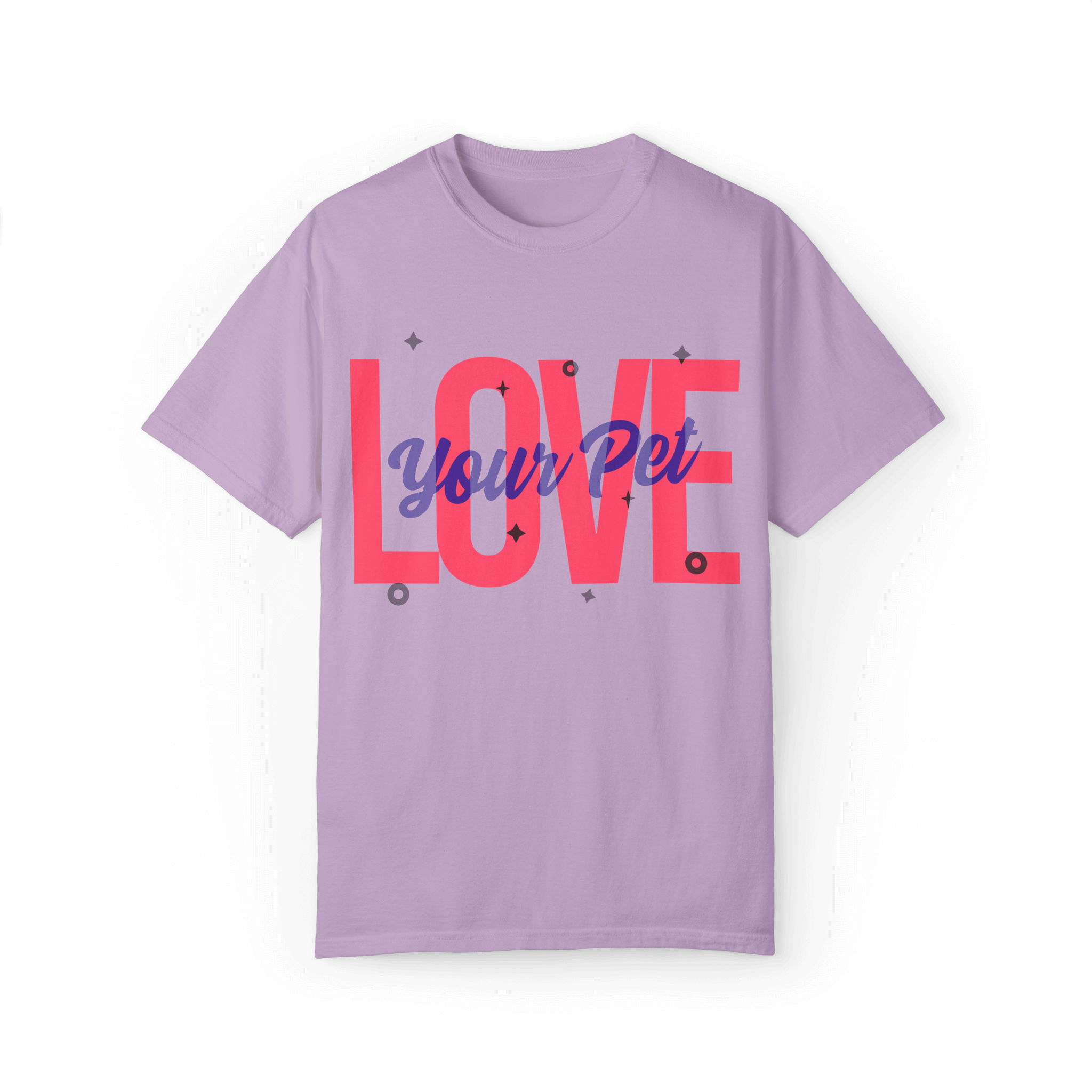 Lilac T-shirt featuring a bold design with the text 'Love Your Pet' in vibrant pink and blue, adorned with small geometric accents.