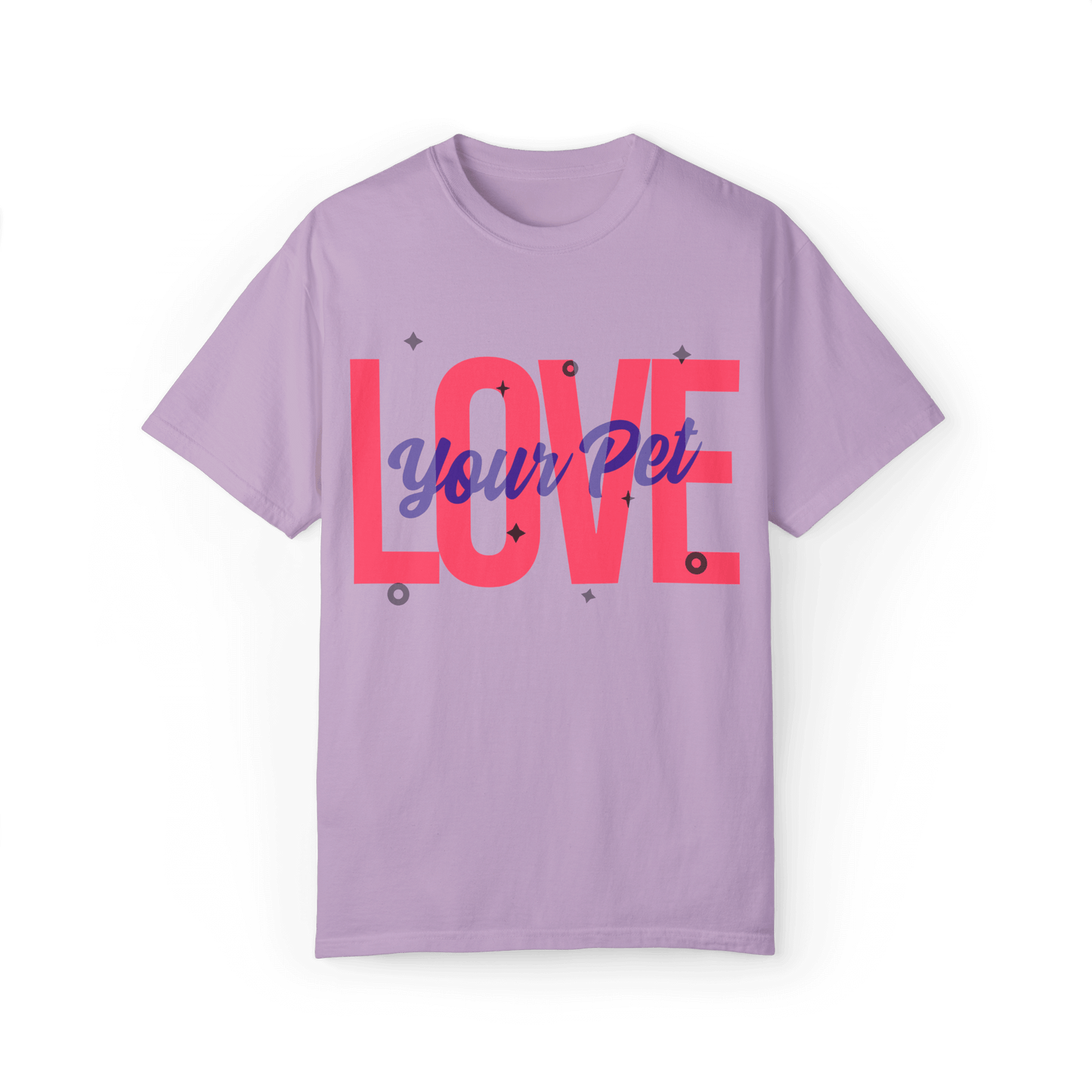 Lilac T-shirt featuring a bold design with the text 'Love Your Pet' in vibrant pink and blue, adorned with small geometric accents.