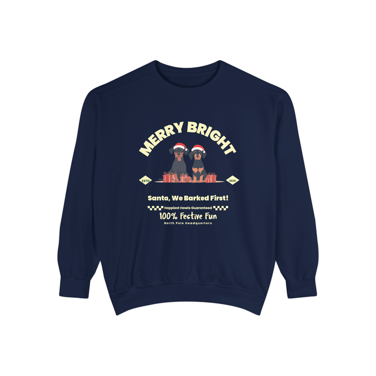 Merry & Bright Dachshund sweatshirt featuring two dogs in Santa hats and festive gifts, perfect for Christmas celebrations.