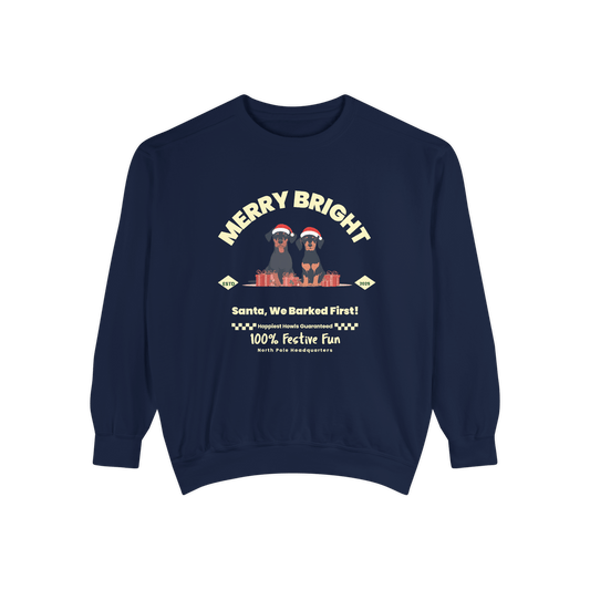 Merry & Bright Dachshund sweatshirt featuring two dogs in Santa hats and festive gifts, perfect for Christmas celebrations.