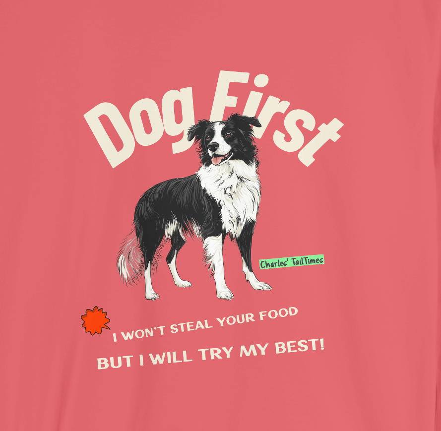 Print design on pink fabric featuring the text "Dog First," an illustration of a Border Collie, and the phrase "I won't steal your food but I will try my best!" along with the brand name Charles' TailTimes.