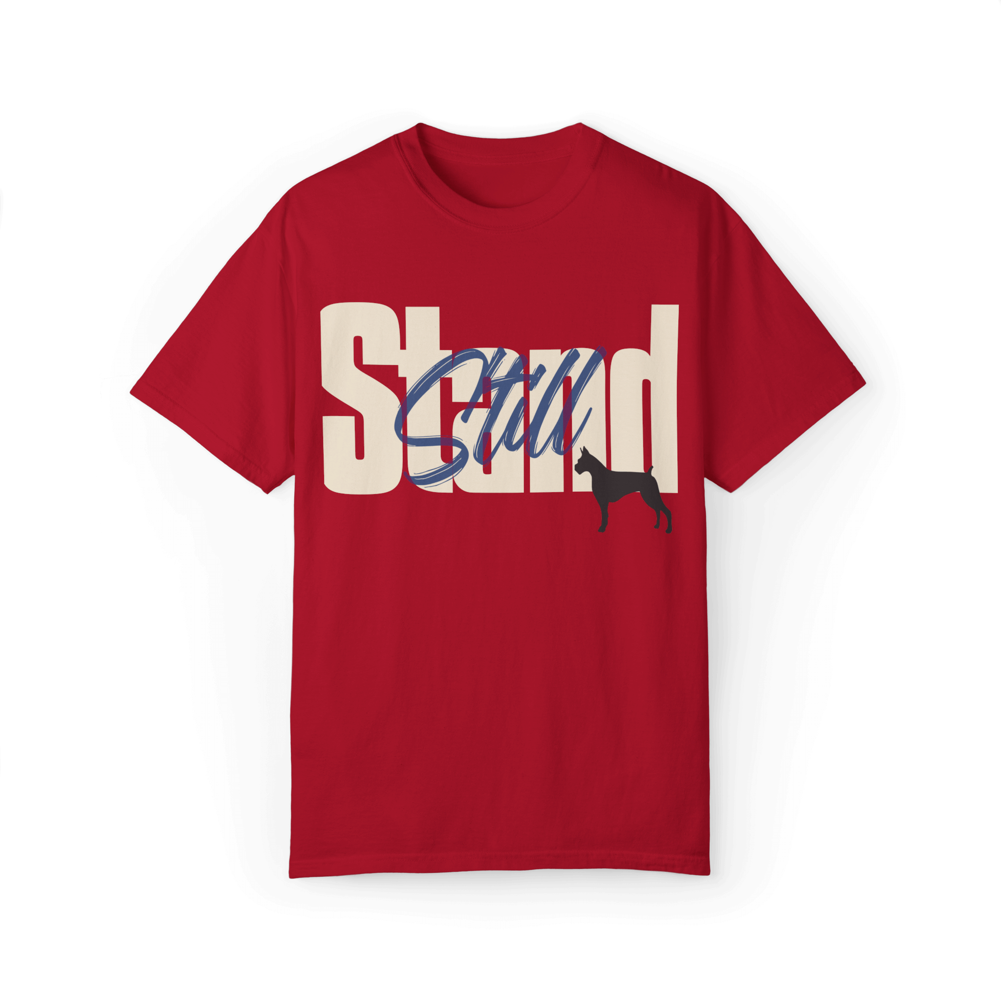 Red T-shirt featuring bold typography reading 'Stand Still' in white and blue, with a black dog silhouette as part of the design.