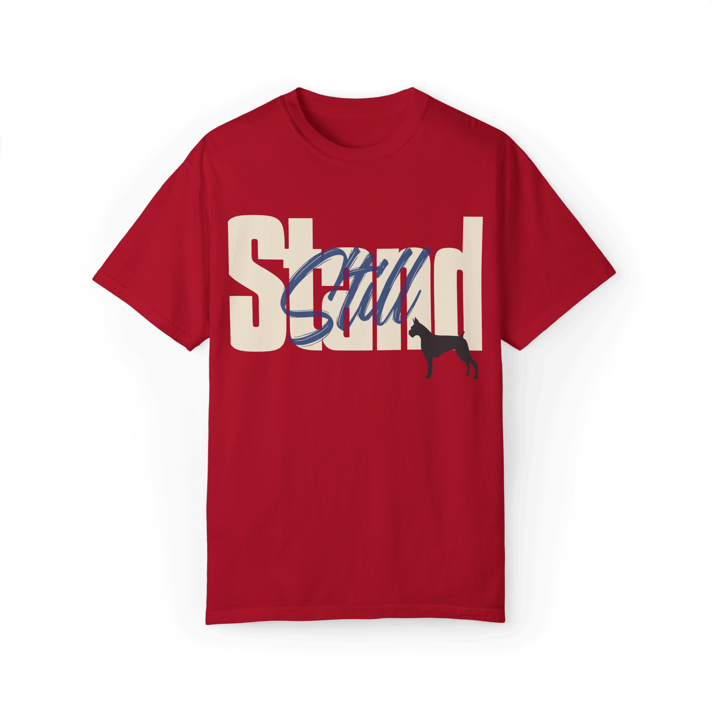 Red T-shirt featuring bold typography reading 'Stand Still' in white and blue, with a black dog silhouette as part of the design.