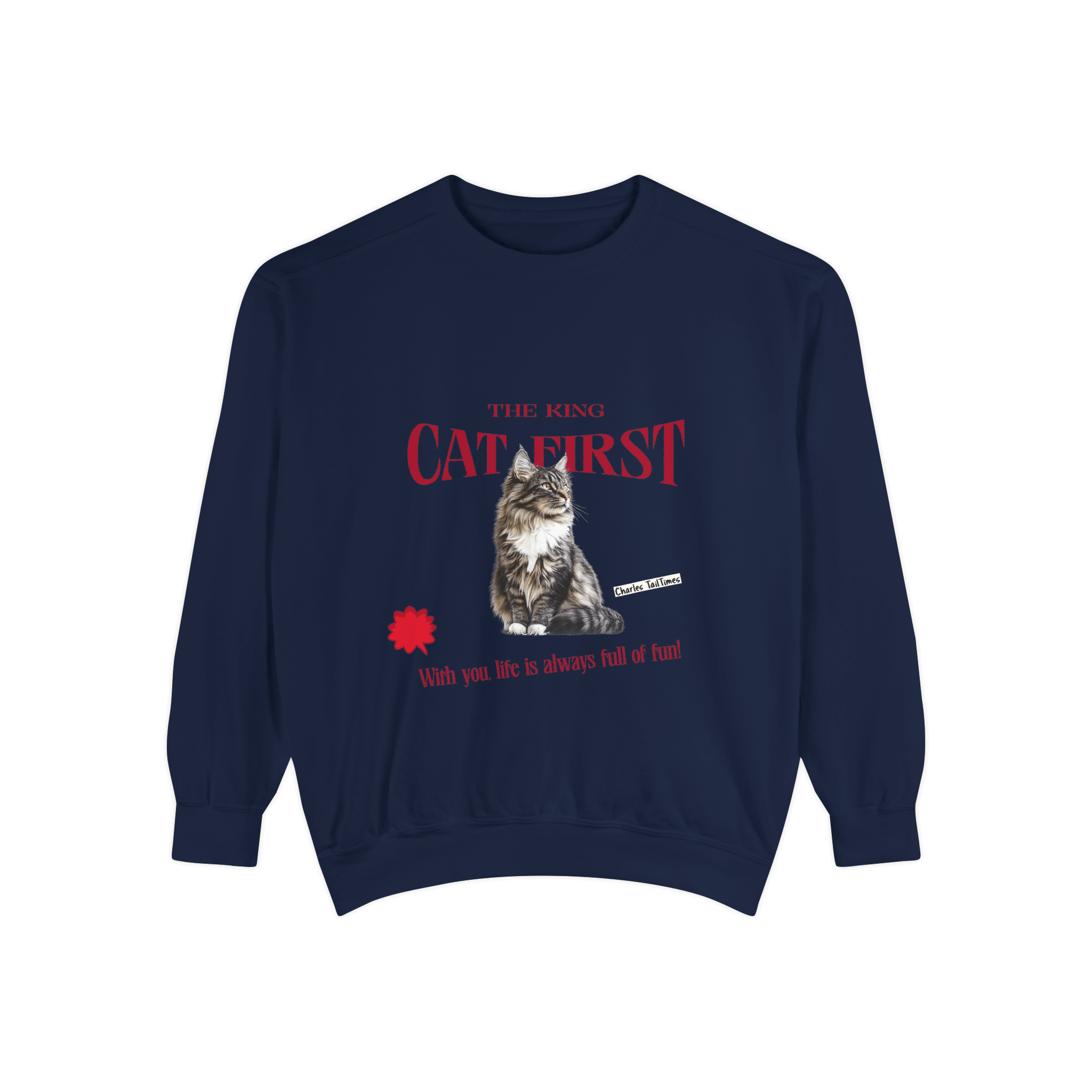 Navy blue sweatshirt featuring a Maine Coon cat illustration with the text 