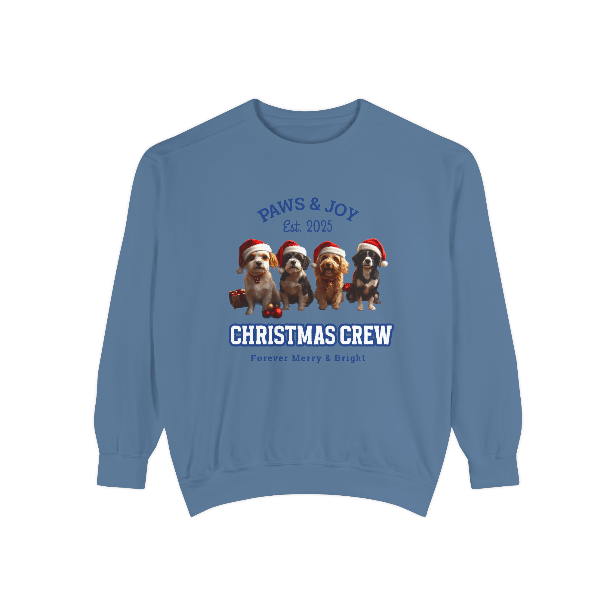 Blue Christmas-themed sweatshirt featuring the phrases 