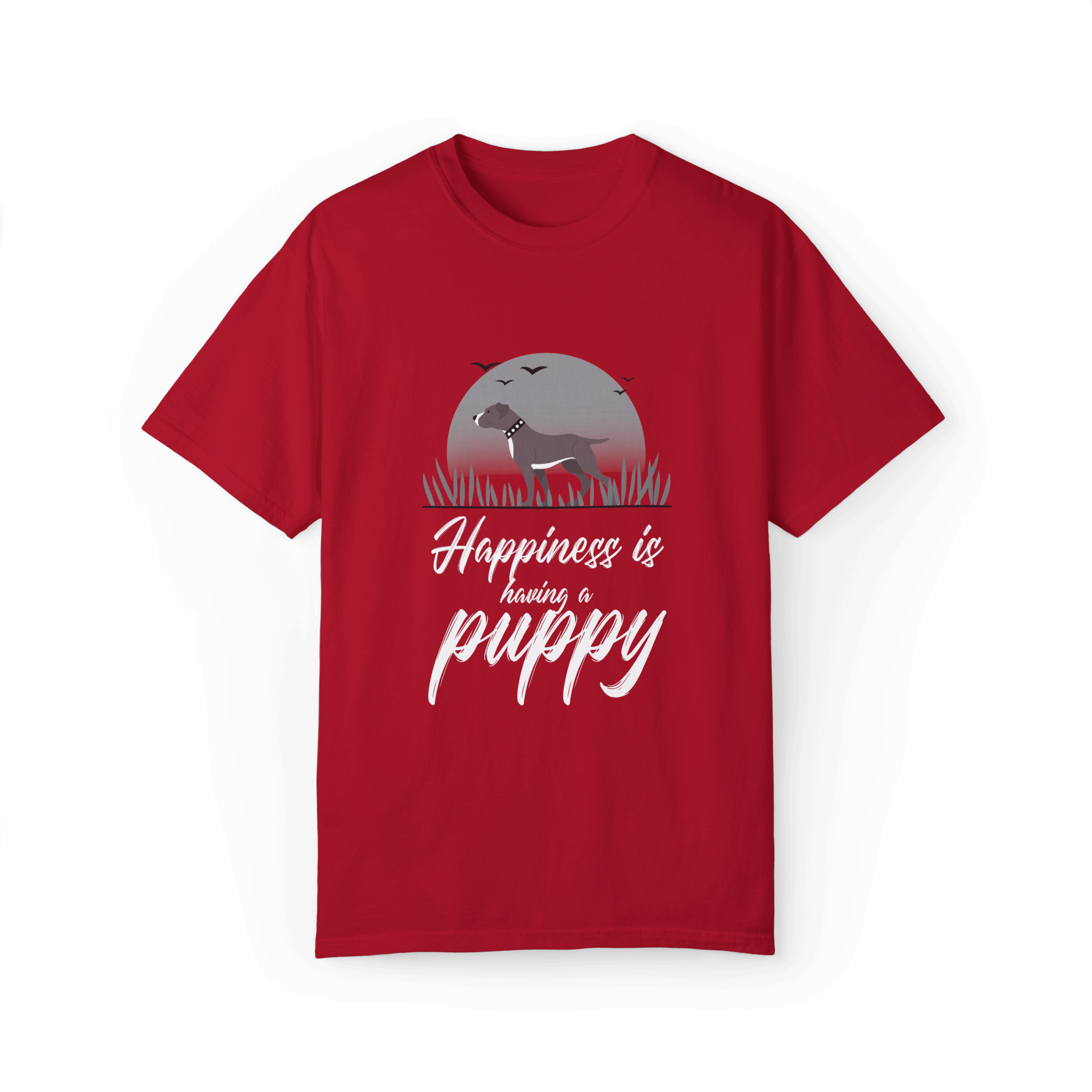 Red T-shirt with a Pitbull puppy design under a gray moonlit background, featuring white text 'Happiness is having a puppy,' perfect for dog lovers.